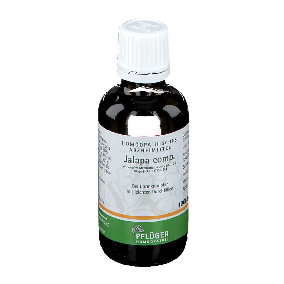 Braune Glasflasche mit weißem Verschluss. Etikett mit Produktnamen und Herstellerlogo. Homöopathisches Arzneimittel.