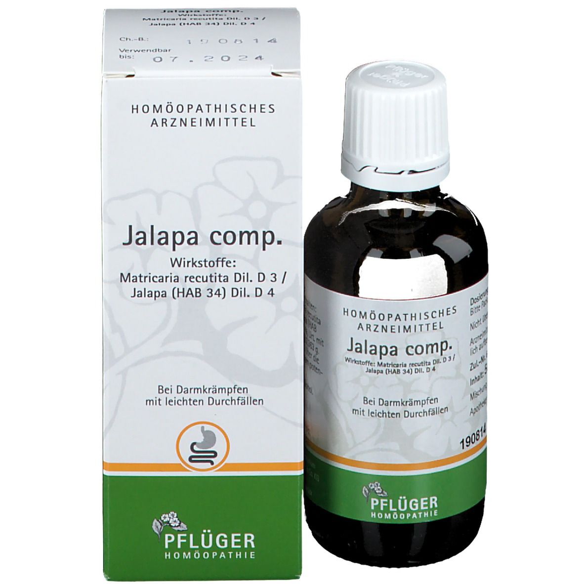 Produktflasche und Verpackung. Verpackung mit Produktnamen, Inhaltsstoffen und Herstellerlogo.