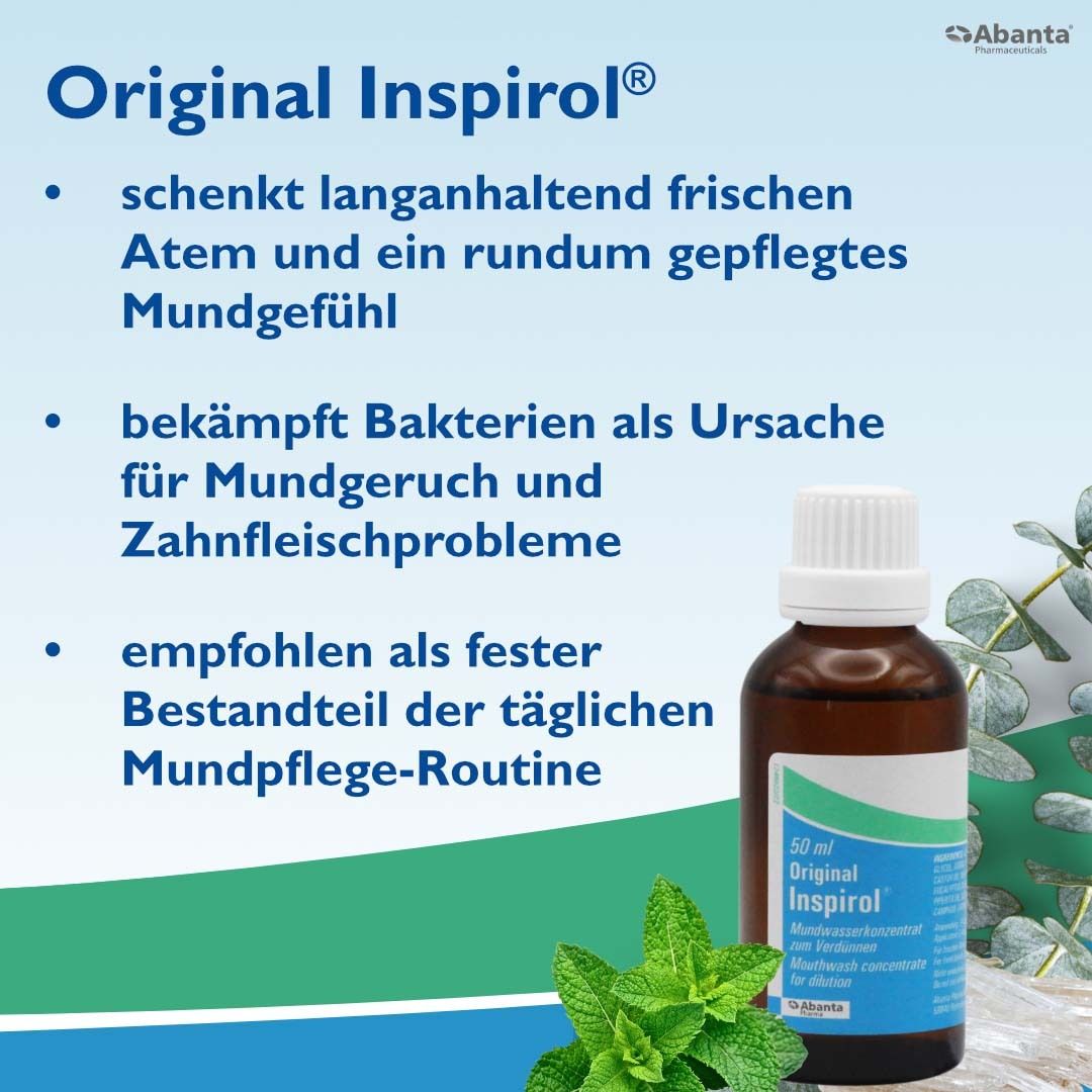 Flasche mit Text: schenkt frischen Atem, bekämpft Bakterien, empfohlen für Mundpflege. Original Inspirol. Abanta Pharma.