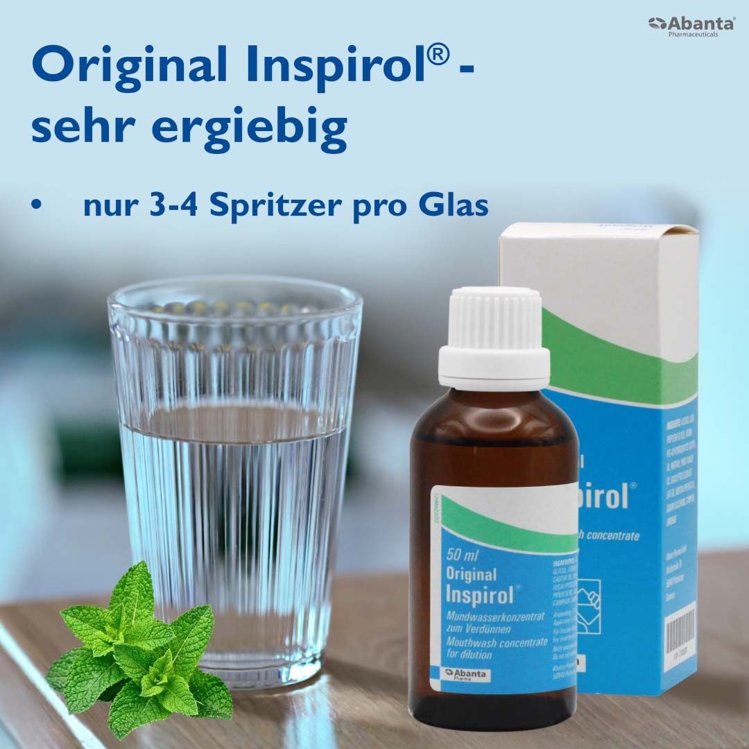 Glas Wasser, Flasche und Schachtel. Aufschrift: Original Inspirol. Nur 3-4 Spritzer pro Glas. Abanta Pharma.