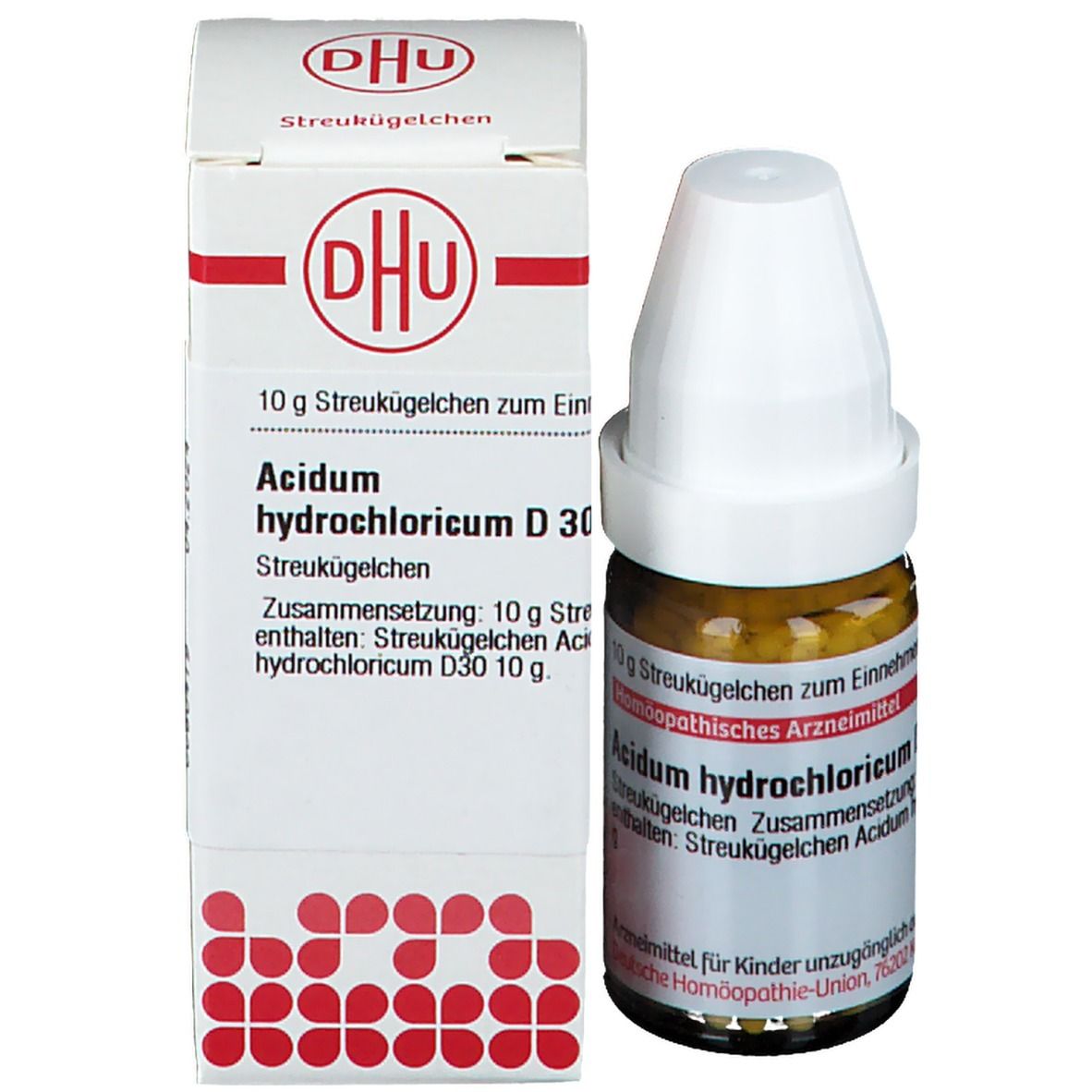 Produktflasche mit Umverpackung. DHU Logo und Produktinformationen. Enthält Streukügelchen.