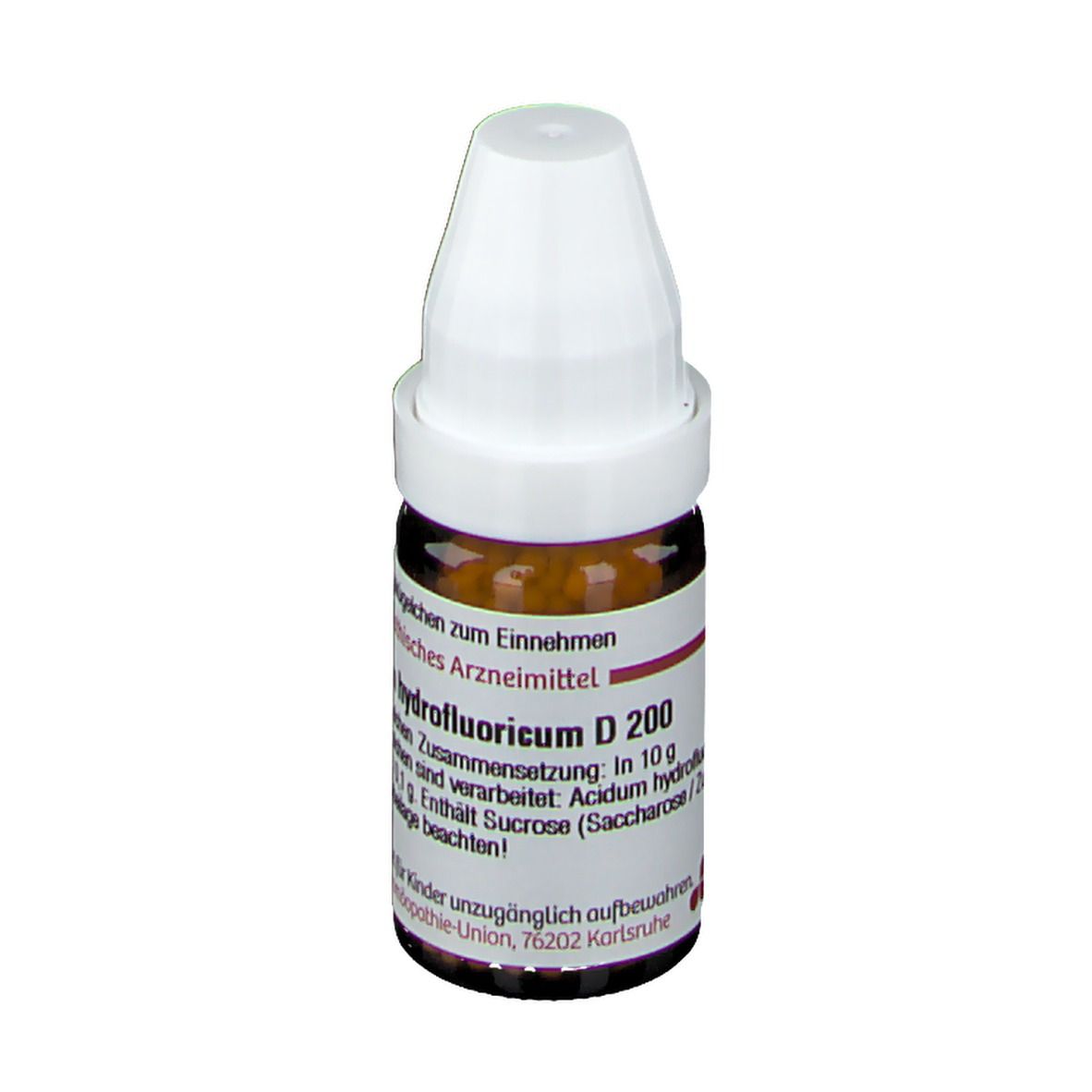 Braune Glasflasche mit weißem Deckel. Aufschrift: Acidum hydrofluoricum D 200. Rote Etiketten.