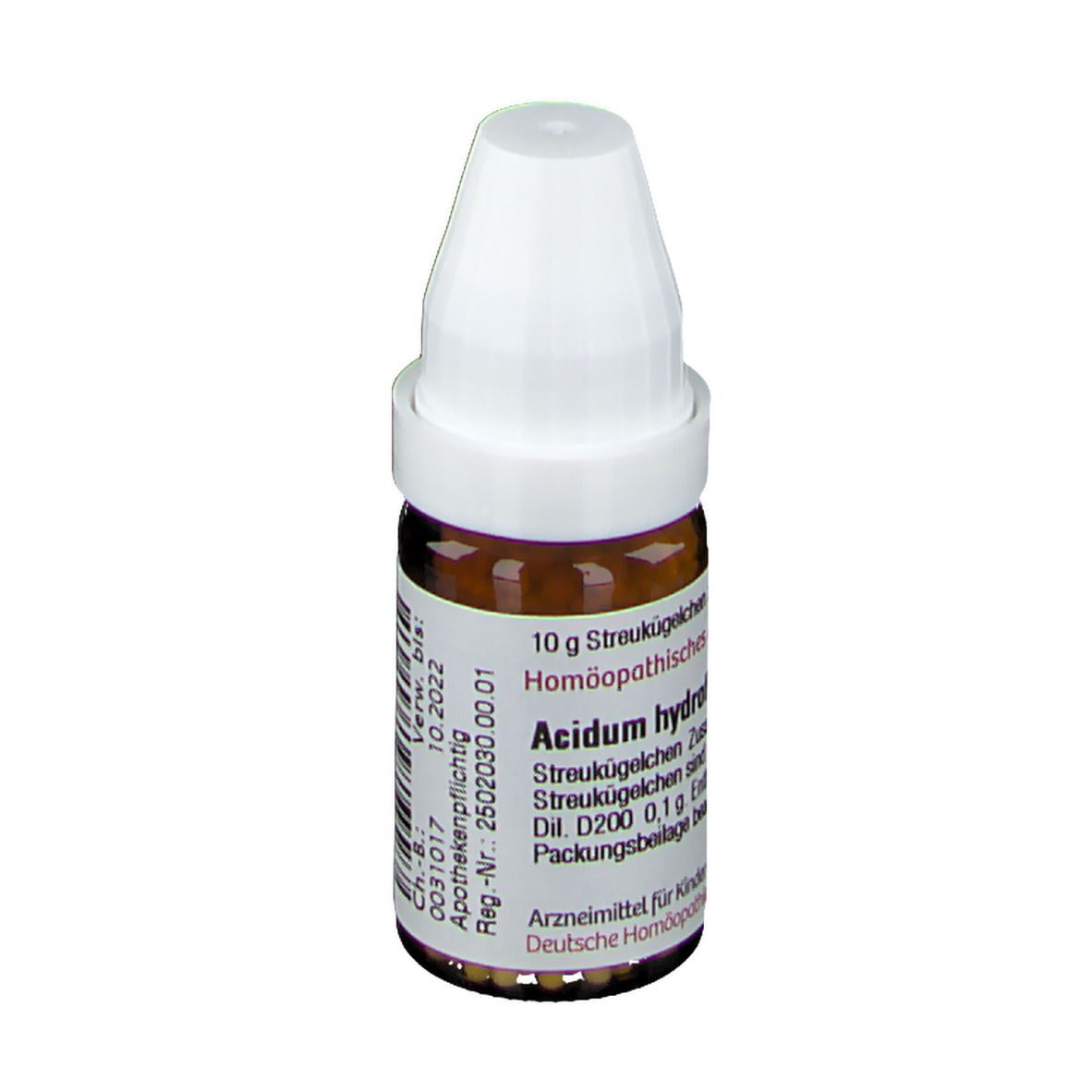 Braune Glasflasche mit weißem Deckel. Aufschrift: Acidum hydrofluoricum D 200. Etikett mit Text. Homöopathisches Arzneimittel.