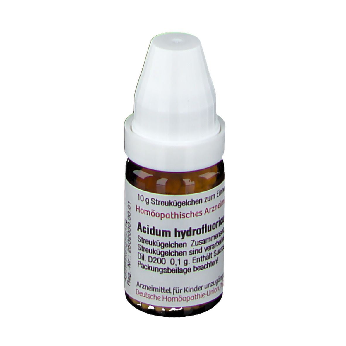 Braune Glasflasche mit weißem Deckel. Aufschrift: Acidum hydrofluoricum D 200. Etikett mit Text. Homöopathisches Arzneimittel.