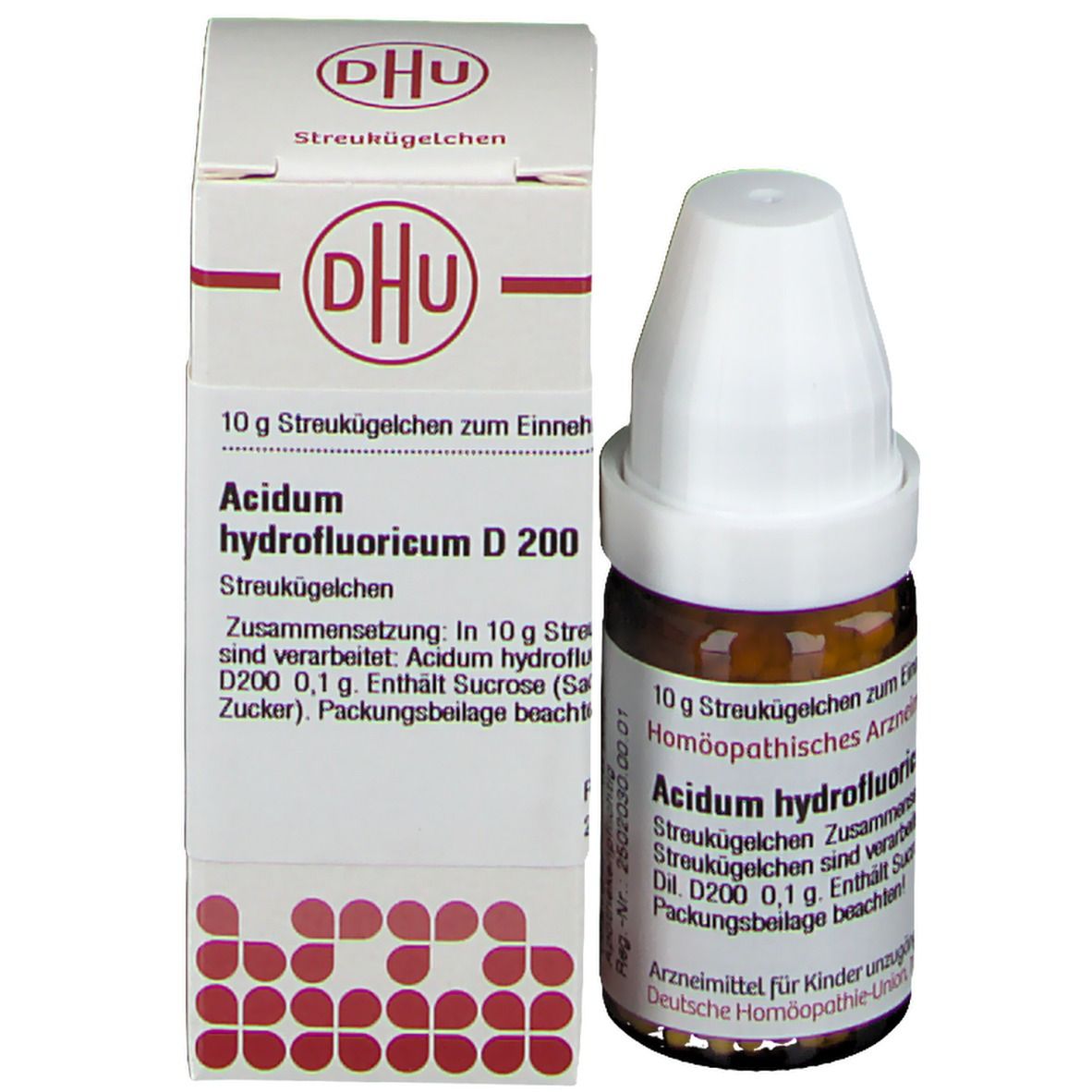 Braune Glasflasche und Karton. Aufschrift: DHU, Acidum hydrofluoricum D 200. Karton mit Text und Logo.