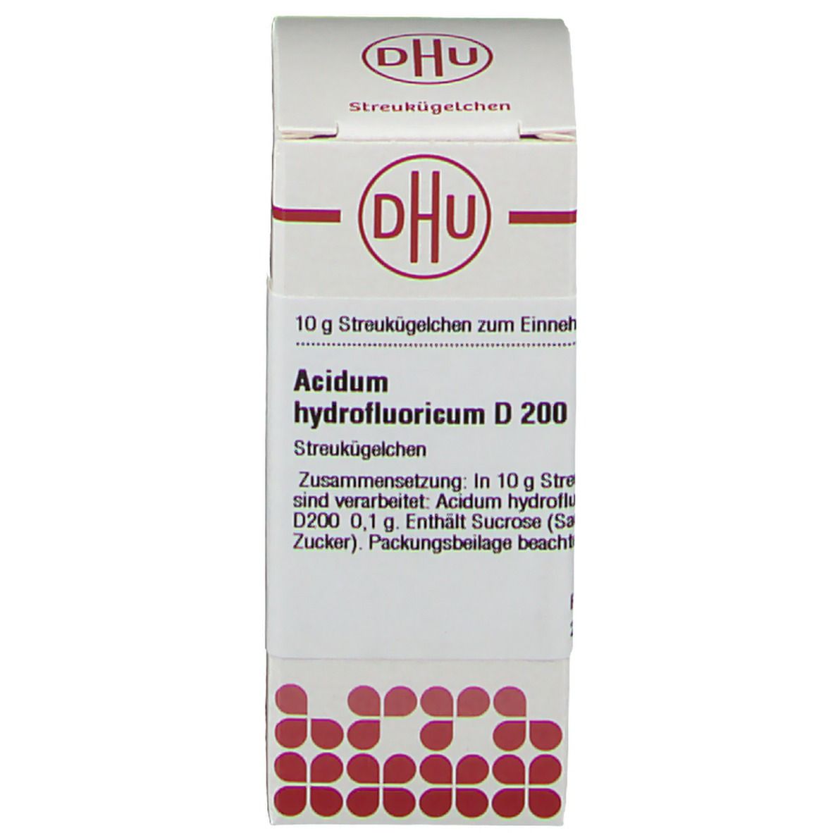 Karton mit Aufschrift: DHU, Acidum hydrofluoricum D 200. Logo und Text auf weißem Hintergrund.
