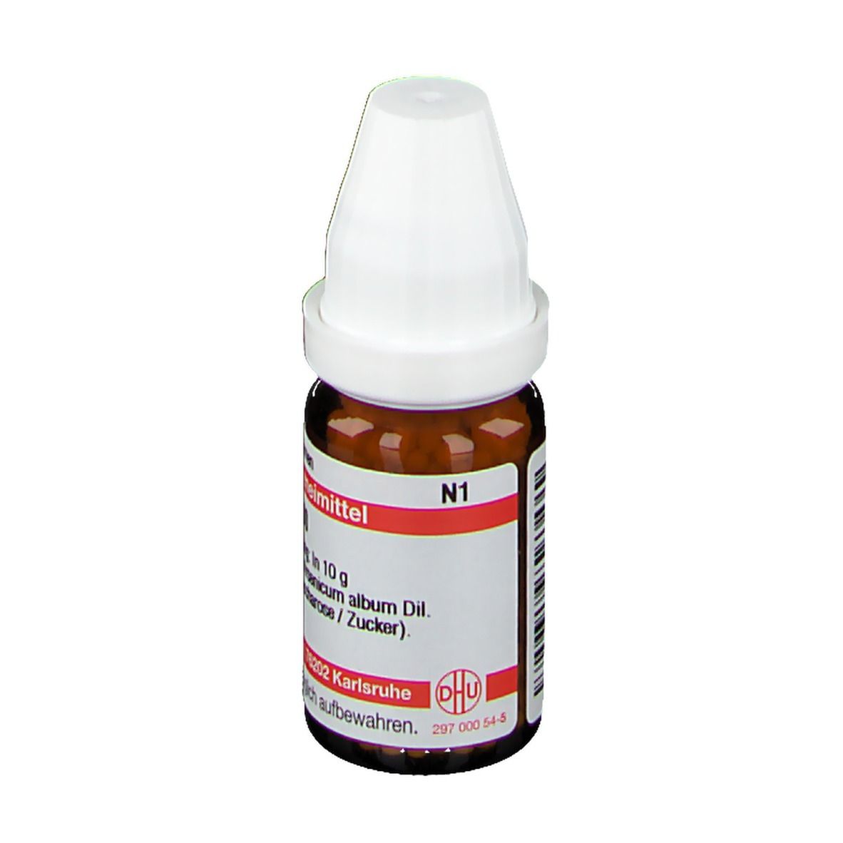 Braune Glasflasche mit weißem Deckel. Aufschrift: Arsenicum album D 100. Etikett mit N1 und Produktinformationen.