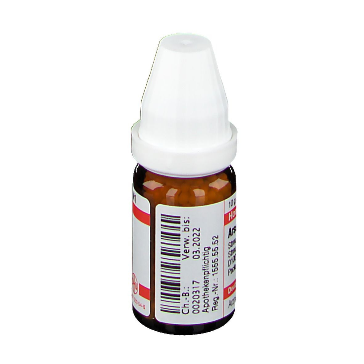 Braune Glasflasche mit weißem Deckel. Etikett mit Barcode und Verfallsdatum. Aufschrift: Arsenicum album D 100.