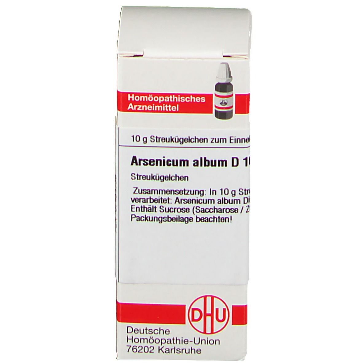 Produktverpackung. Aufschrift: Arsenicum album D 100. Enthält Streukügelchen. Weiße Schachtel mit Produktinformationen.