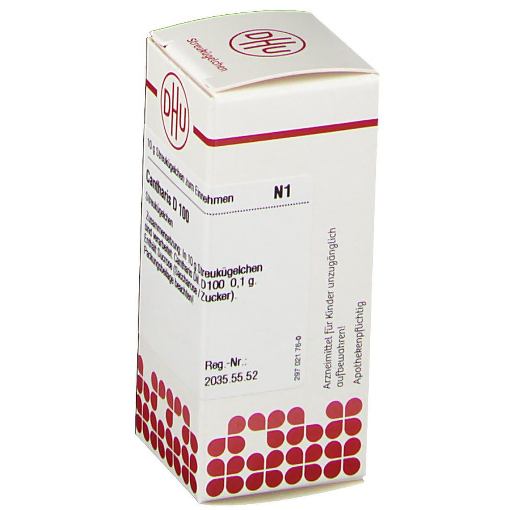 Weiße Faltschachtel mit rotem DHU-Logo und Text. Aufschrift: Cantharis D100, N1. Enthält Streukügelchen. Apothekenexklusiv.
