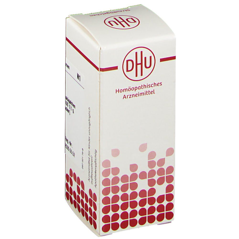 Weiße Faltschachtel mit rotem DHU-Logo. Aufschrift: Homöopathisches Arzneimittel. Rote, florale Muster am unteren Rand.