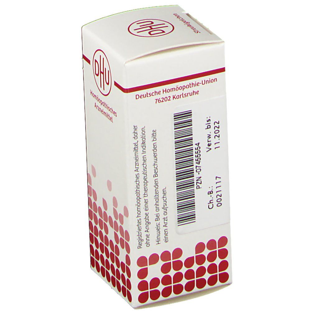 Weiße Faltschachtel mit rotem DHU-Logo. Text: Deutsche Homöopathie-Union. Barcode und Verfallsdatum 11.2022. Apothekenexklusiv.