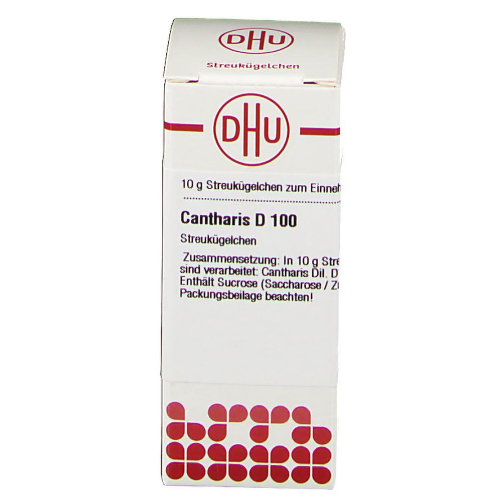 Weiße Faltschachtel mit rotem DHU-Logo. Text: 10 g Streukügelchen. Aufschrift: Cantharis D 100. Enthält Sucrose. Apothekenexklusiv.