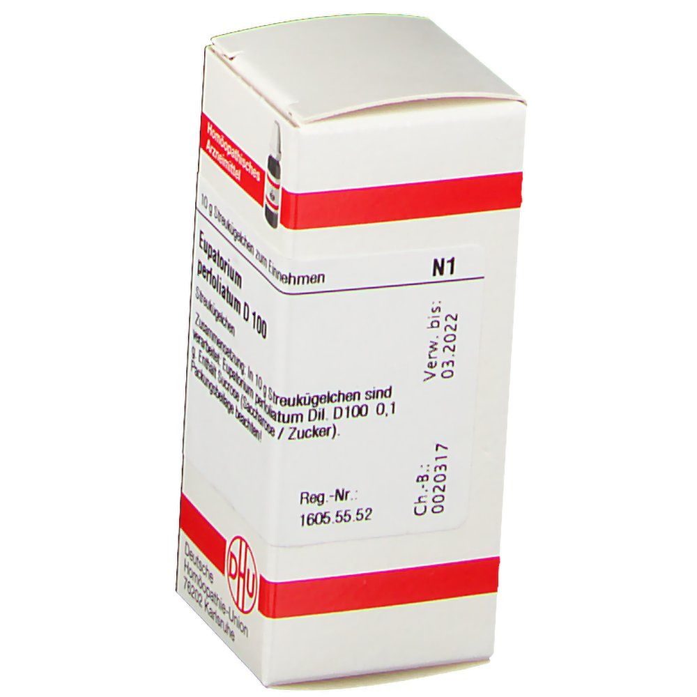 Weiße Schachtel mit rotem Streifen. Beschriftung: Eupatorium perfoliatum D100, DHU Logo, N1, Verfallsdatum.