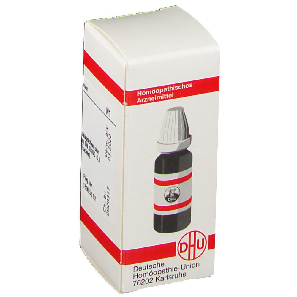 Weiße Schachtel mit rotem Streifen. Zeigt eine braune Flasche mit weißem Deckel und DHU-Logo.