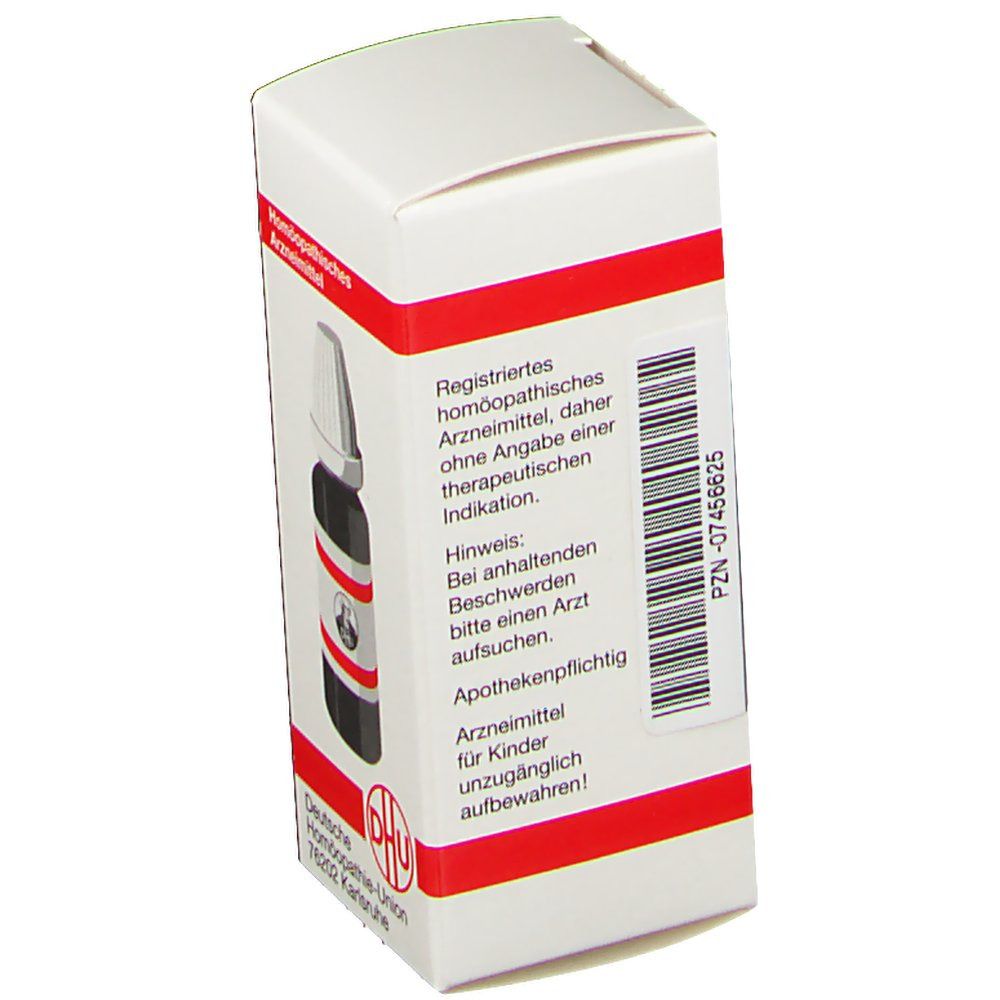 Weiße Schachtel mit rotem Streifen. Rückseite mit Text und Barcode. DHU-Logo unten.