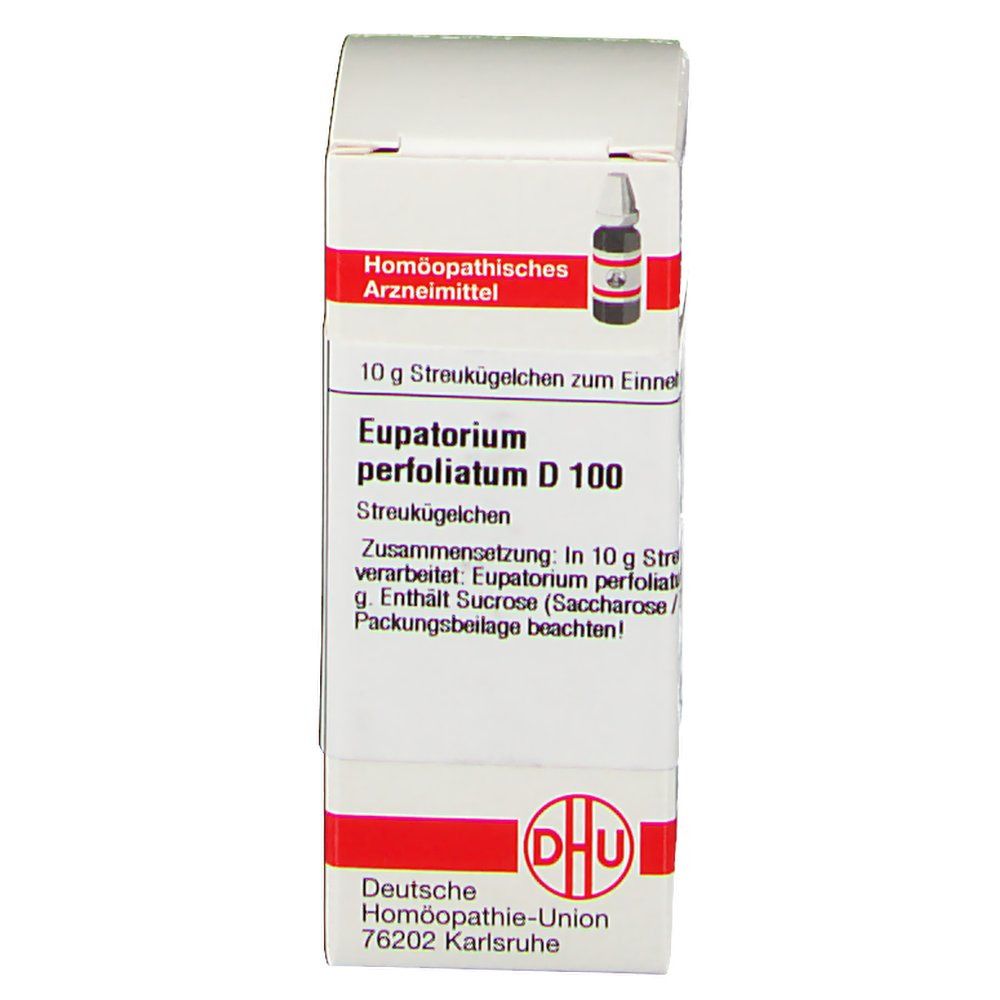Weiße Schachtel mit rotem Streifen. Beschriftung: Eupatorium perfoliatum D100, DHU Logo.