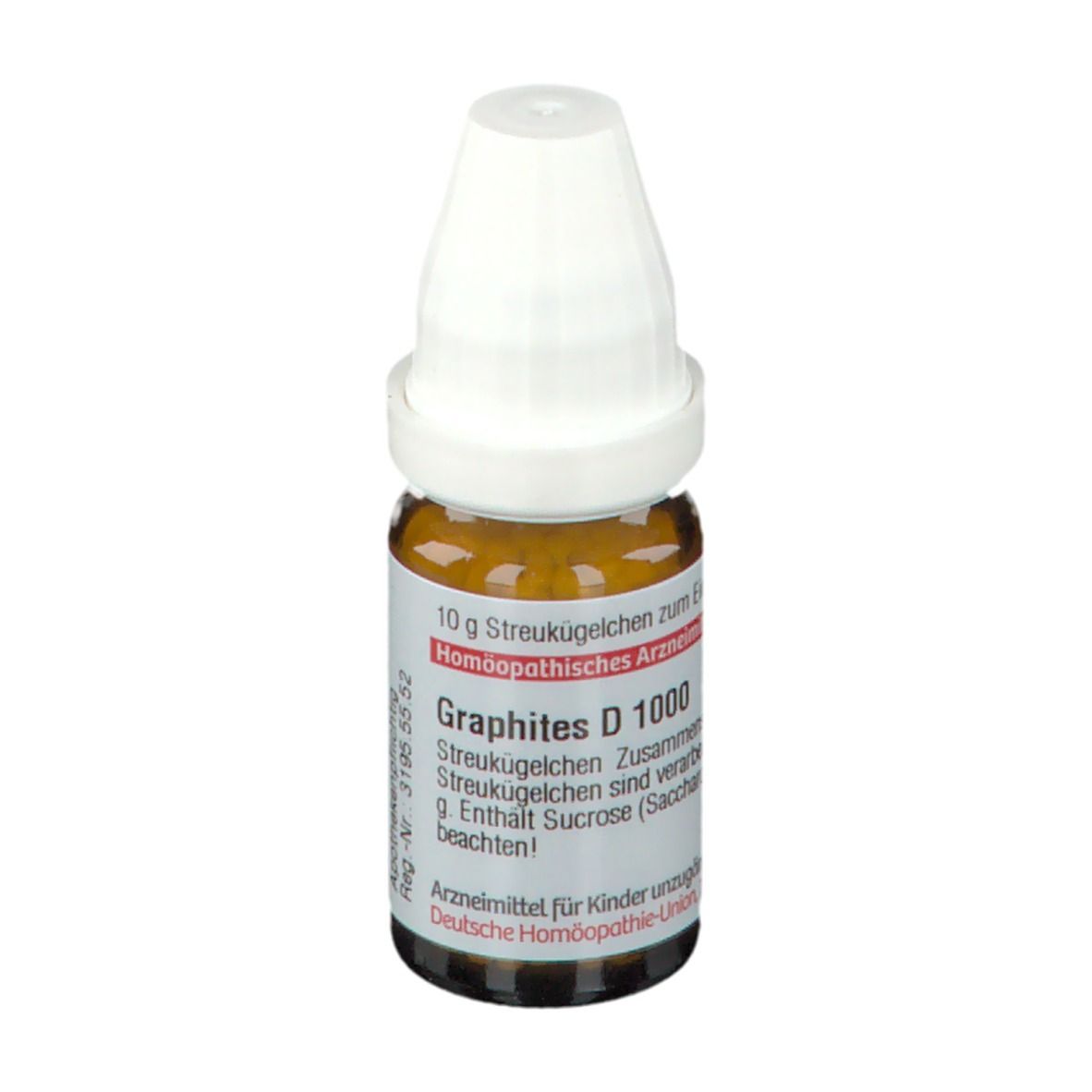 Braune Glasflasche mit weißem Deckel. Beschriftung: Graphites D 1000, 10 g Streukügelchen. Apothekenpflichtig.
