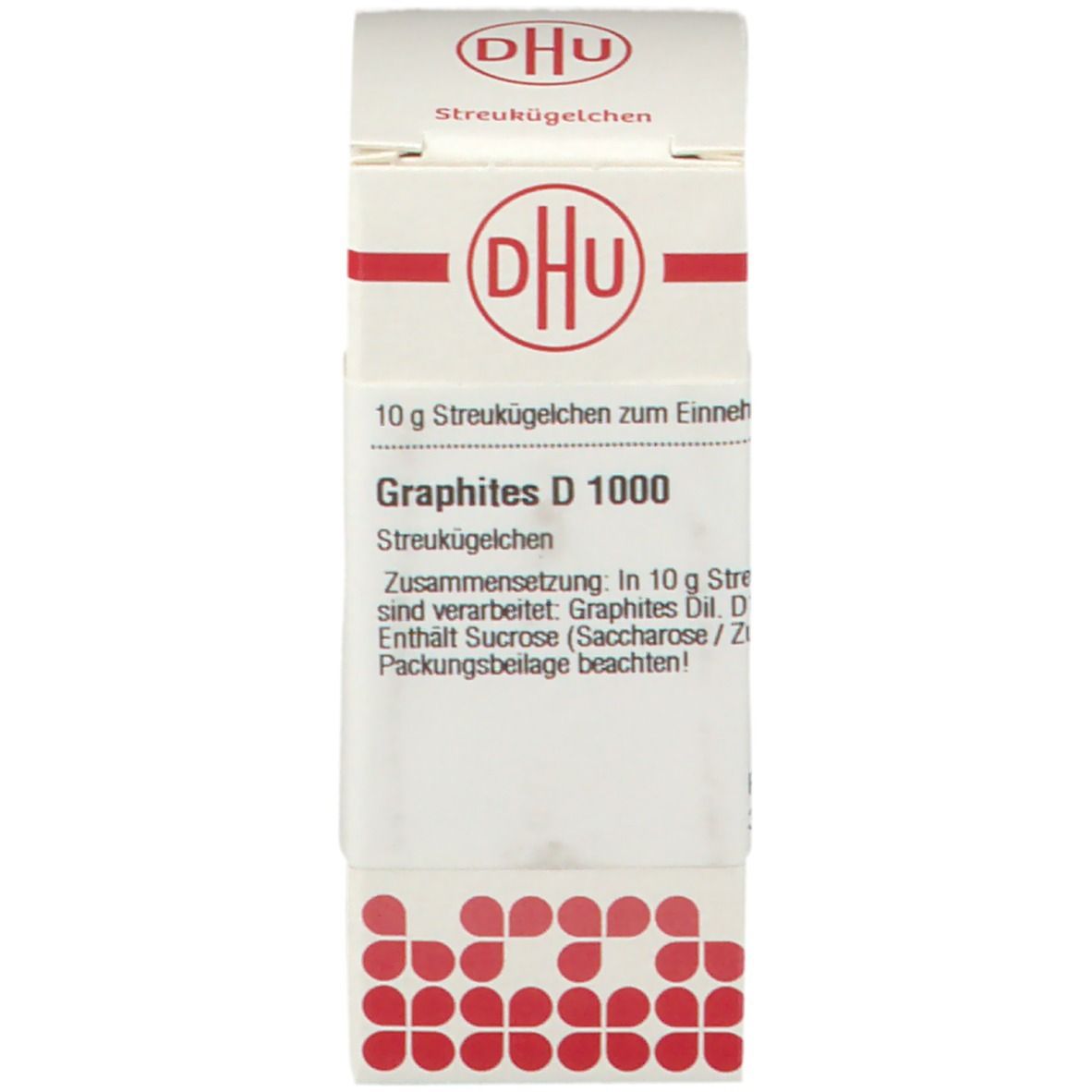 Weiße Schachtel mit rotem Logo. Beschriftung: DHU, Graphites D 1000, 10 g Streukügelchen. Apothekenpflichtig.