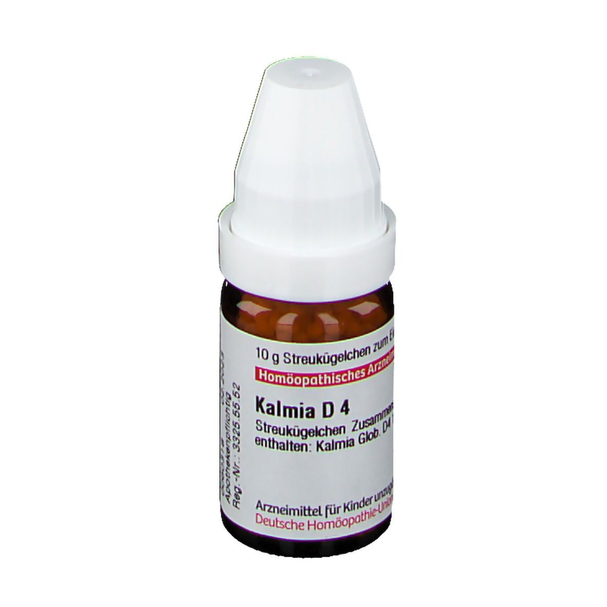 Braune Glasflasche mit weißem Deckel. Beschriftung: Kalmia D4, 10 g Streukügelchen. Deutsche Homöopathie-Union.
