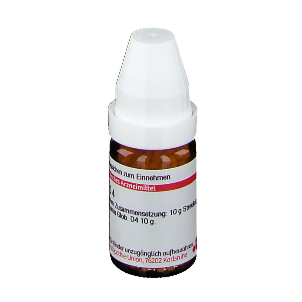 Braune Glasflasche mit weißem Deckel. Beschriftung: Kalmia D4, 10 g Streukügelchen. Deutsche Homöopathie-Union.