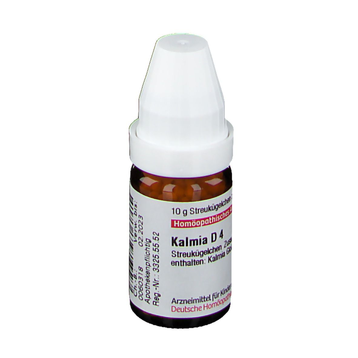 Braune Glasflasche mit weißem Deckel. Beschriftung: Kalmia D4, 10 g Streukügelchen. Deutsche Homöopathie-Union.