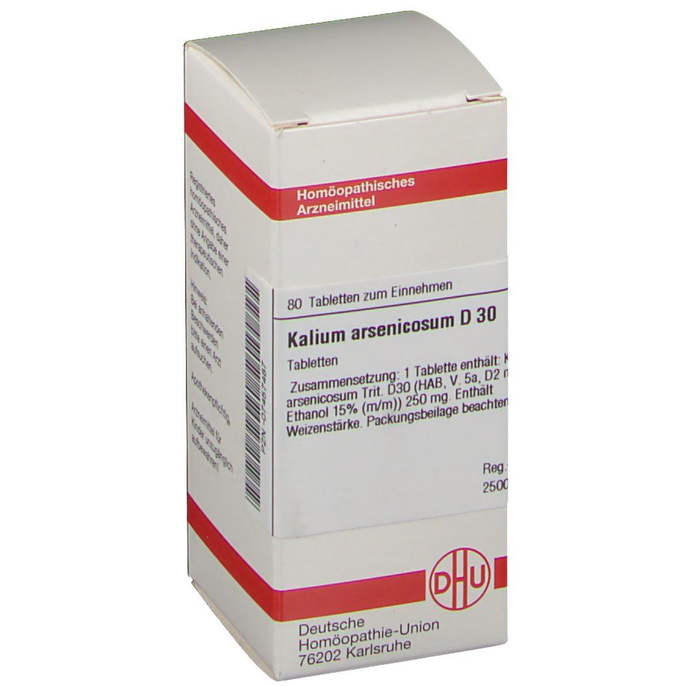 Weiße Schachtel mit roter Umrandung. Aufschrift: Kalium arsenicosum D 30, 80 Tabletten. Logo: DHU.