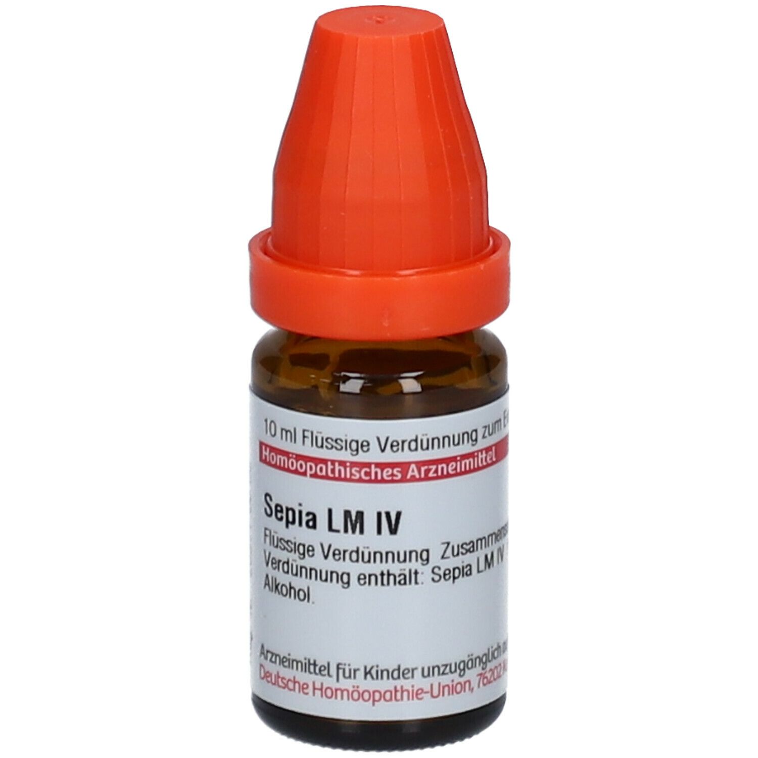 Braune Glasflasche mit orangefarbenem Verschluss. Beschriftung: Sepia LM IV, 10 ml flüssige Verdünnung.