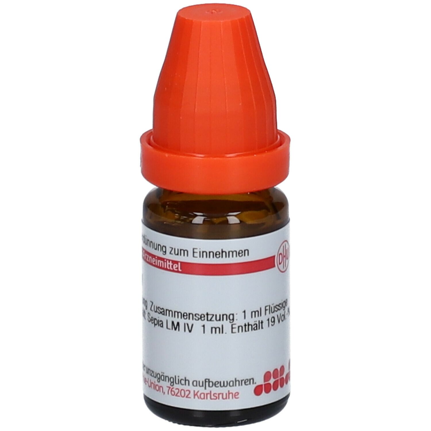 Braune Glasflasche mit orangefarbenem Verschluss. Etikett mit Text. Aufschrift: Sepia LM IV, flüssige Verdünnung.