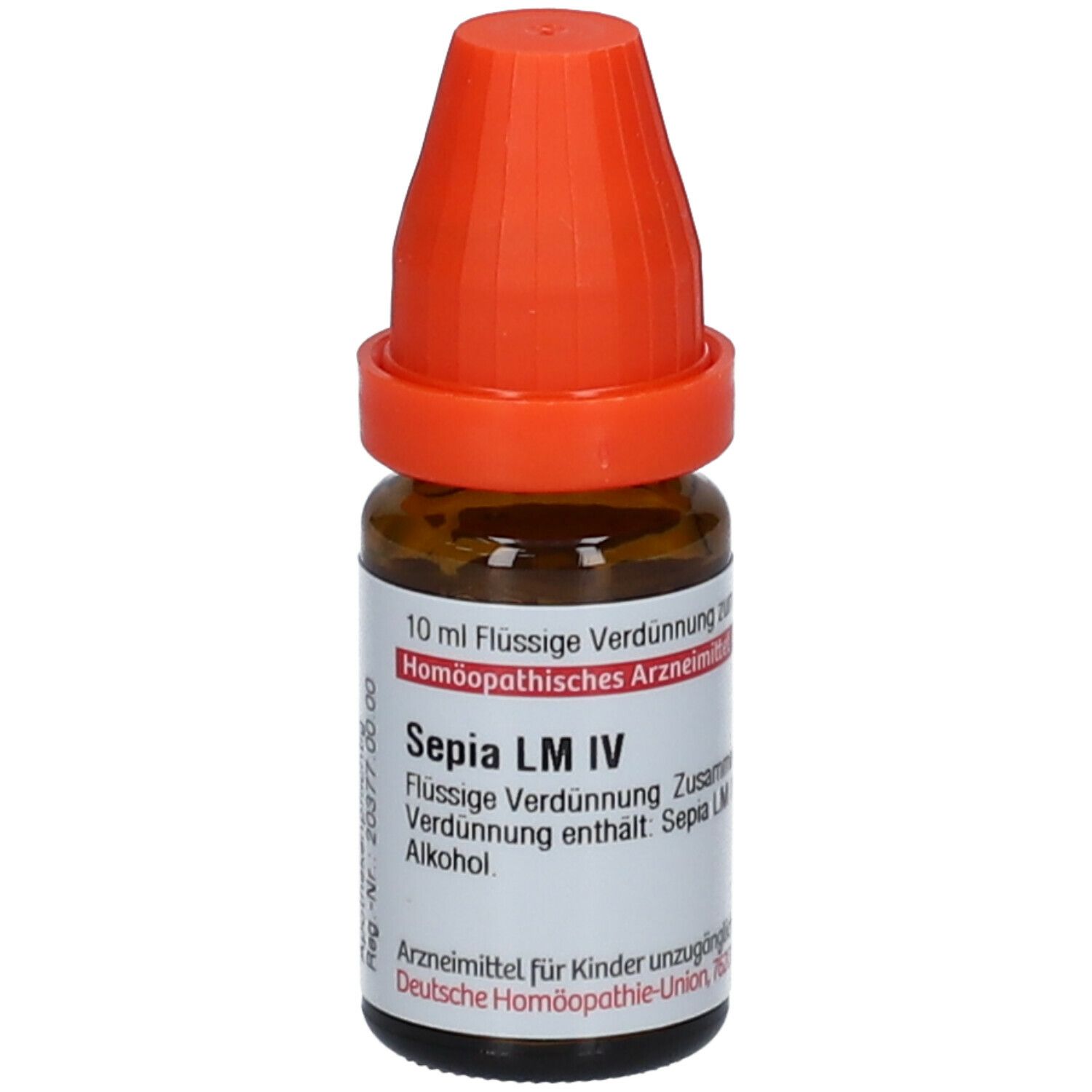 Braune Glasflasche mit orangefarbenem Verschluss. Etikett mit Text. Aufschrift: Sepia LM IV, 10 ml flüssige Verdünnung.