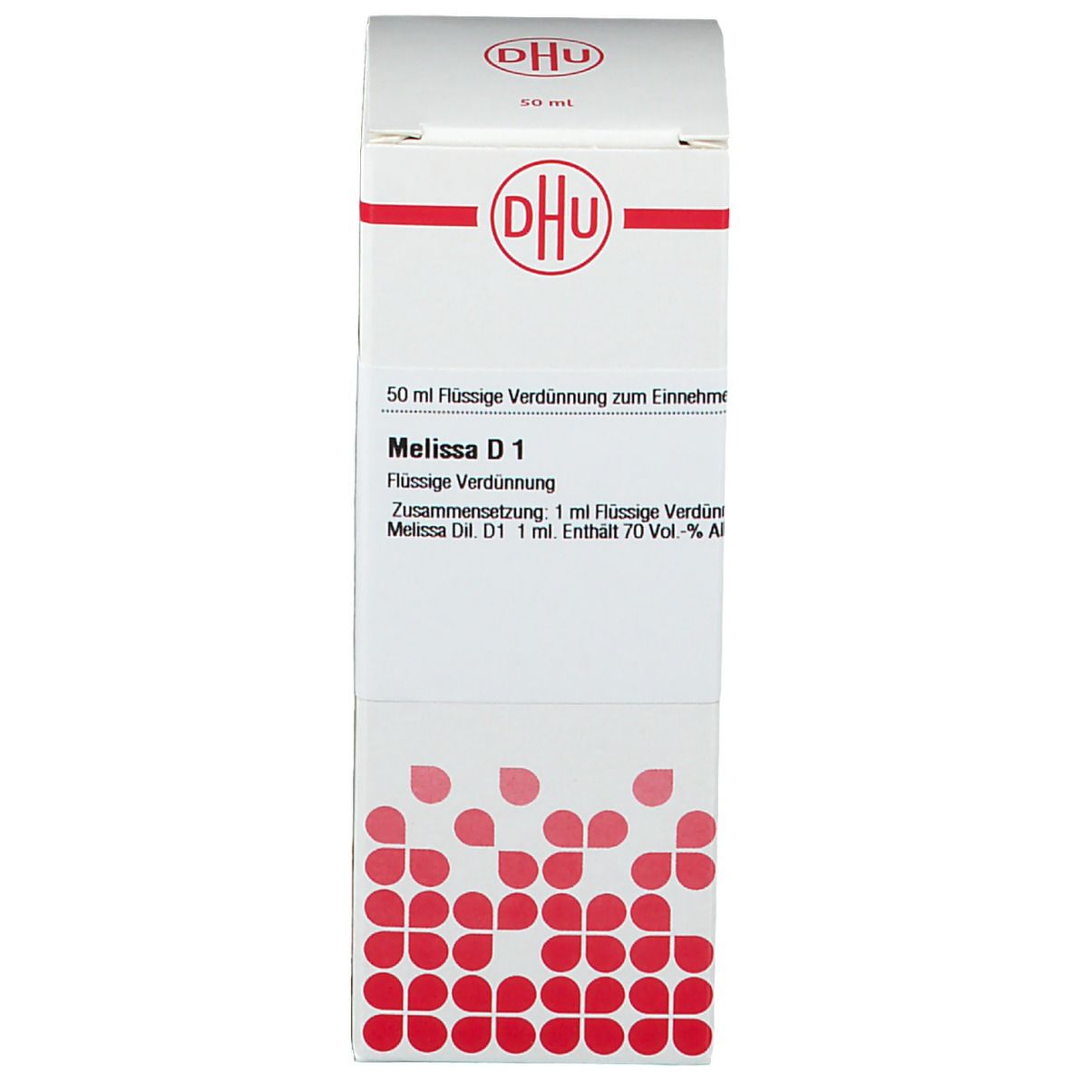 Karton mit "DHU" Logo und "Melissa D1" Aufschrift. Rote Punkte auf weißem Grund.