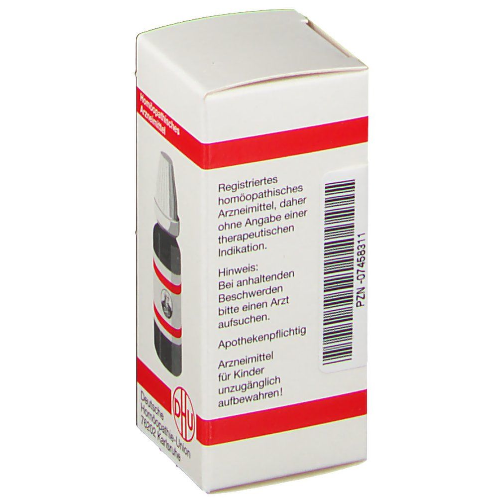 Weiße Faltschachtel mit roter Umrandung. Aufschrift: Registriertes homöopathisches Arzneimittel. Apothekenpflichtig. DHU-Logo.