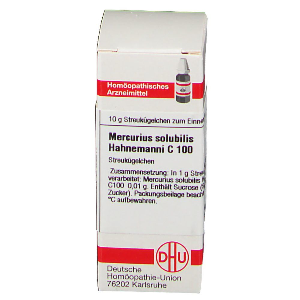 Weiße Faltschachtel mit roter Umrandung. Aufschrift: DHU Mercurius solubilis Hahnemanni C 100. Homöopathisches Arzneimittel. Enthält Streukügelchen.