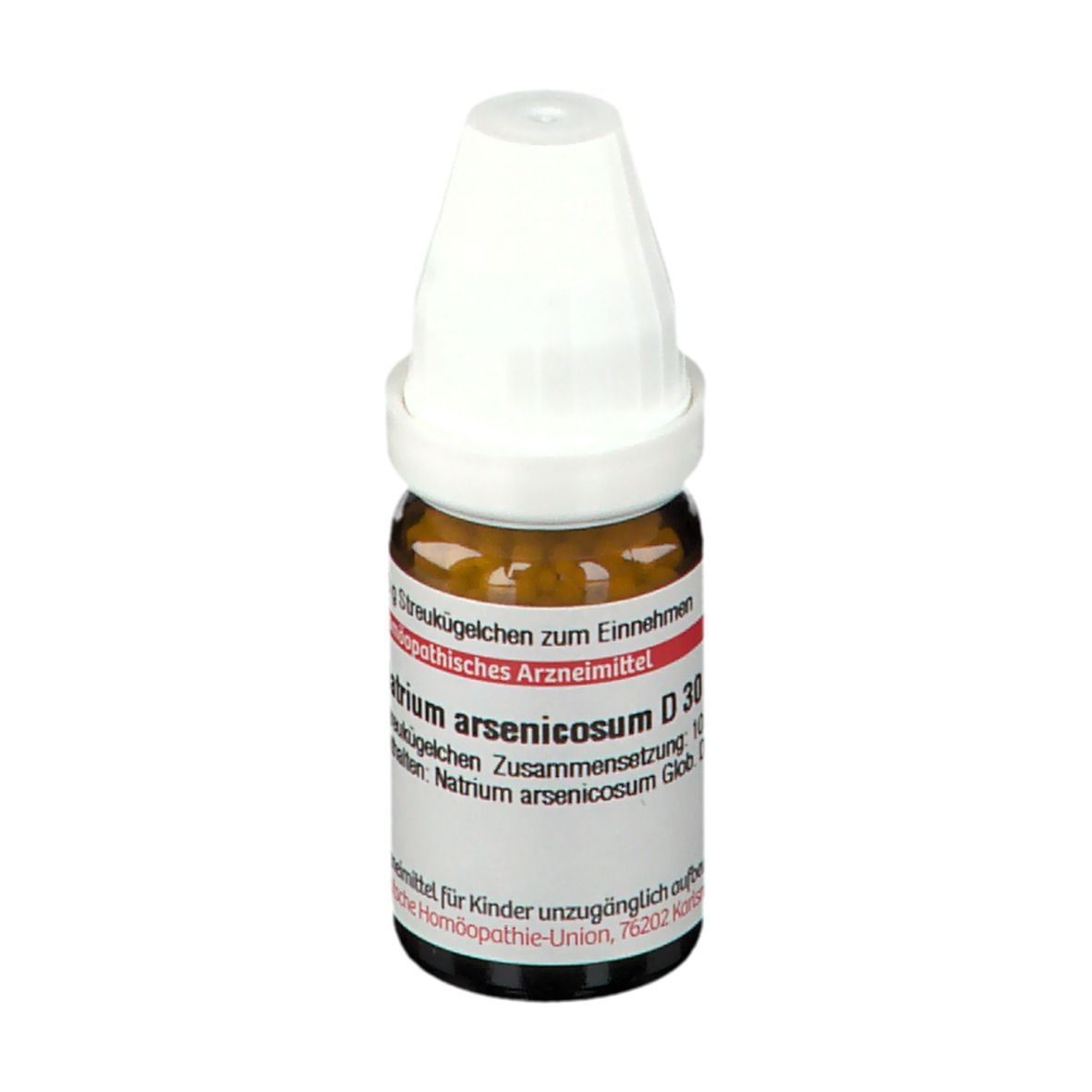 Braune Glasflasche mit weißem Verschluss. Beschriftung: Natrium arsenicosum D 30, Globuli.