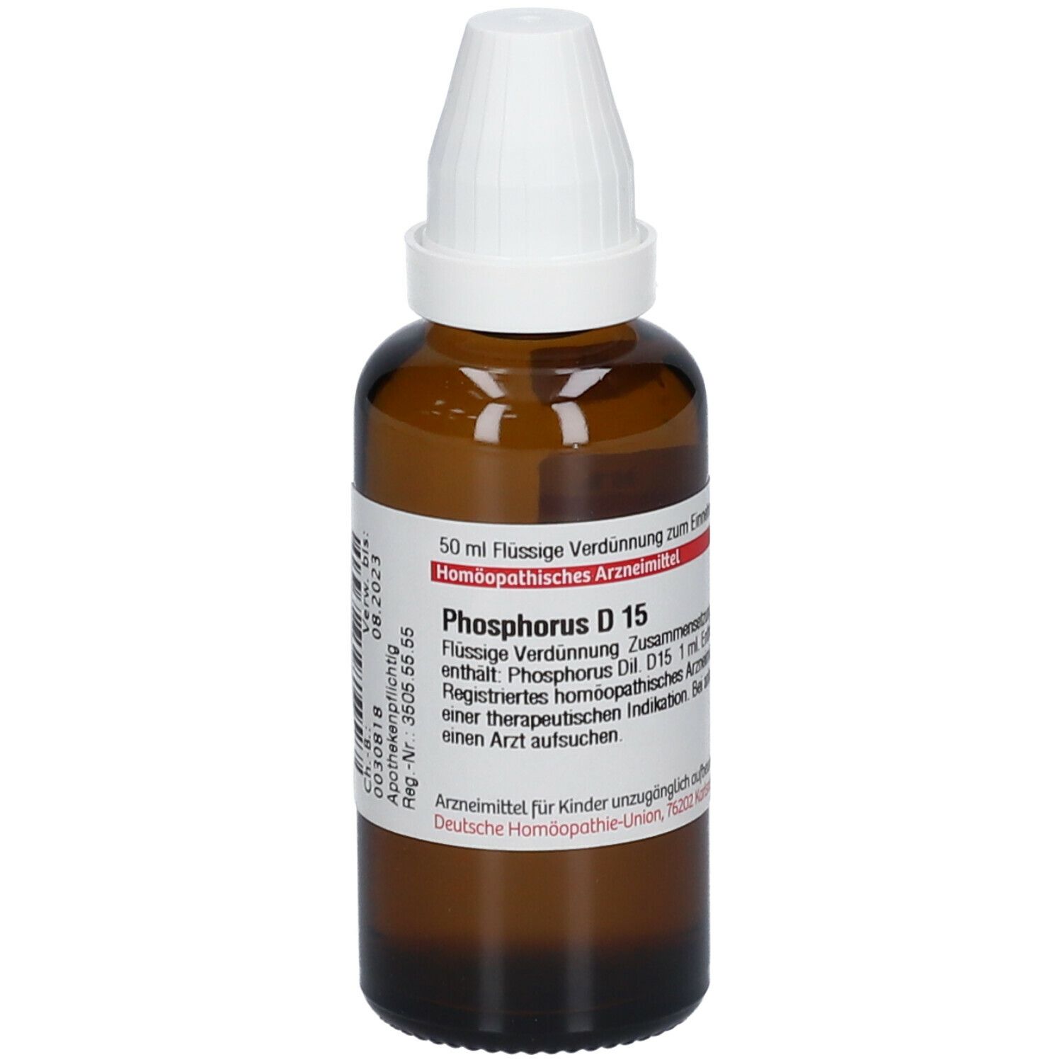 Braune Glasflasche mit weißem Verschluss. Beschriftung: Phosphorus D15, 50 ml flüssige Verdünnung. Apotheken-Etikett.