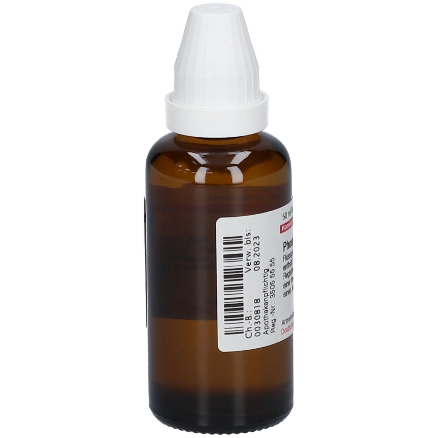 Braune Glasflasche mit weißem Verschluss. Etikett mit Barcode und Chargennummer. Beschriftung: Phosphorus D15.