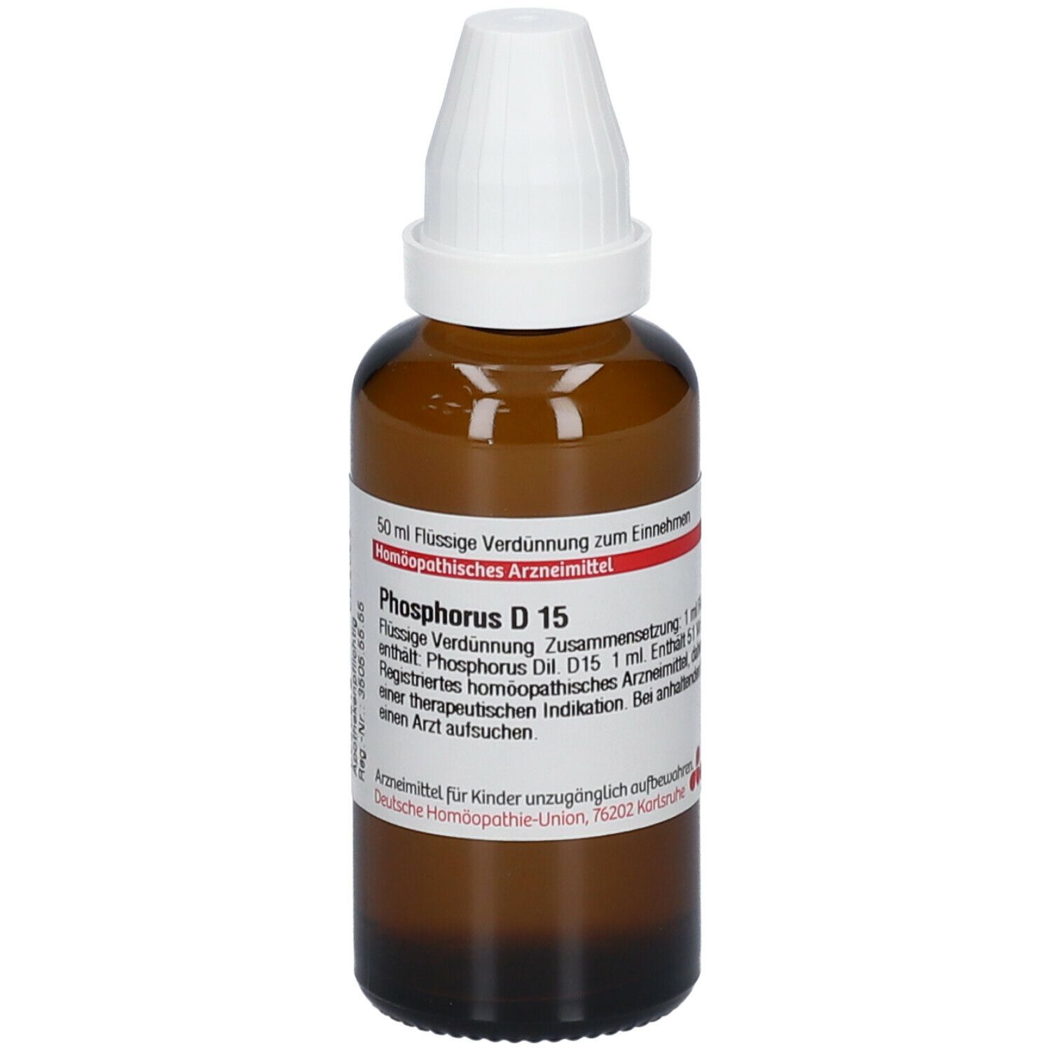 Braune Glasflasche mit weißem Verschluss. Beschriftung: Phosphorus D15, 50 ml flüssige Verdünnung. Apotheken-Etikett.