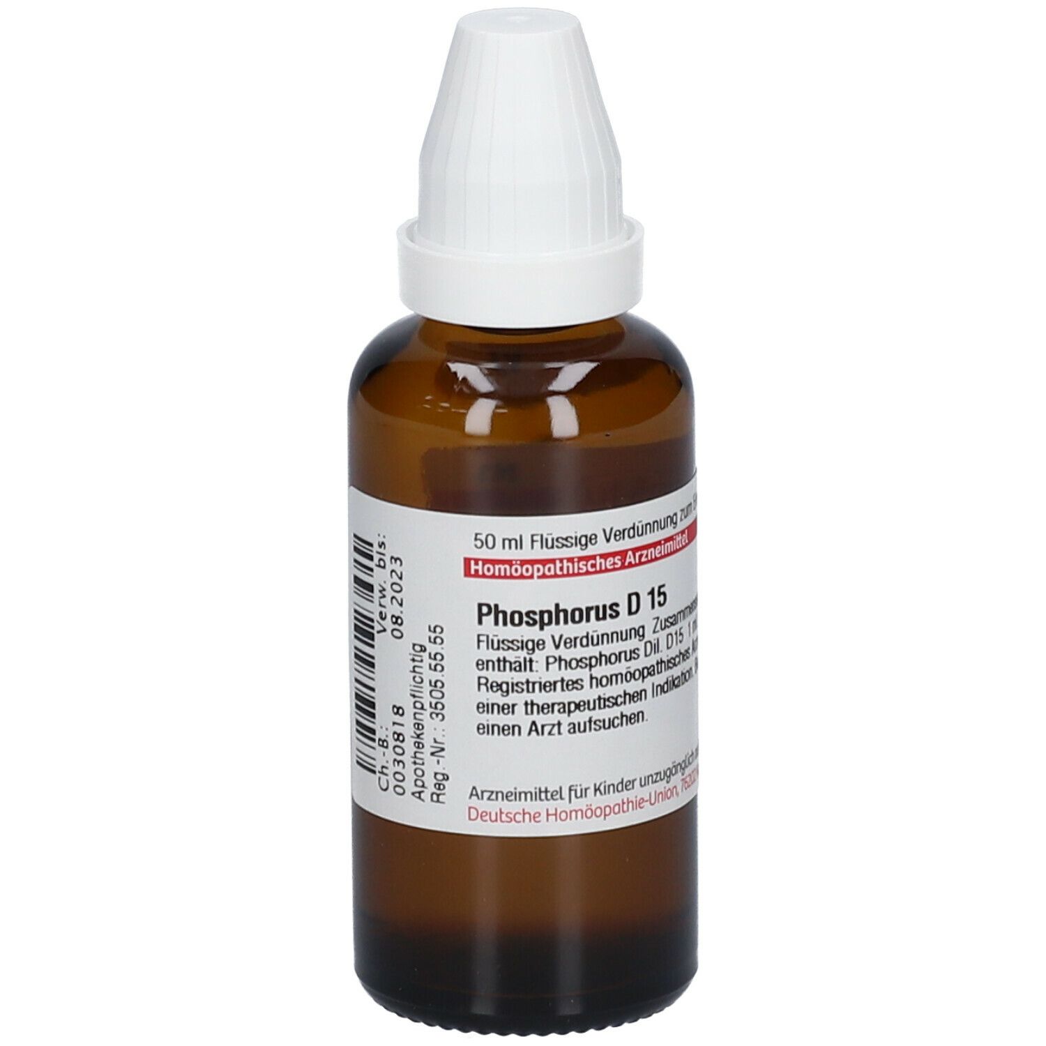 Braune Glasflasche mit weißem Verschluss. Beschriftung: Phosphorus D15, 50 ml flüssige Verdünnung. Apotheken-Etikett.