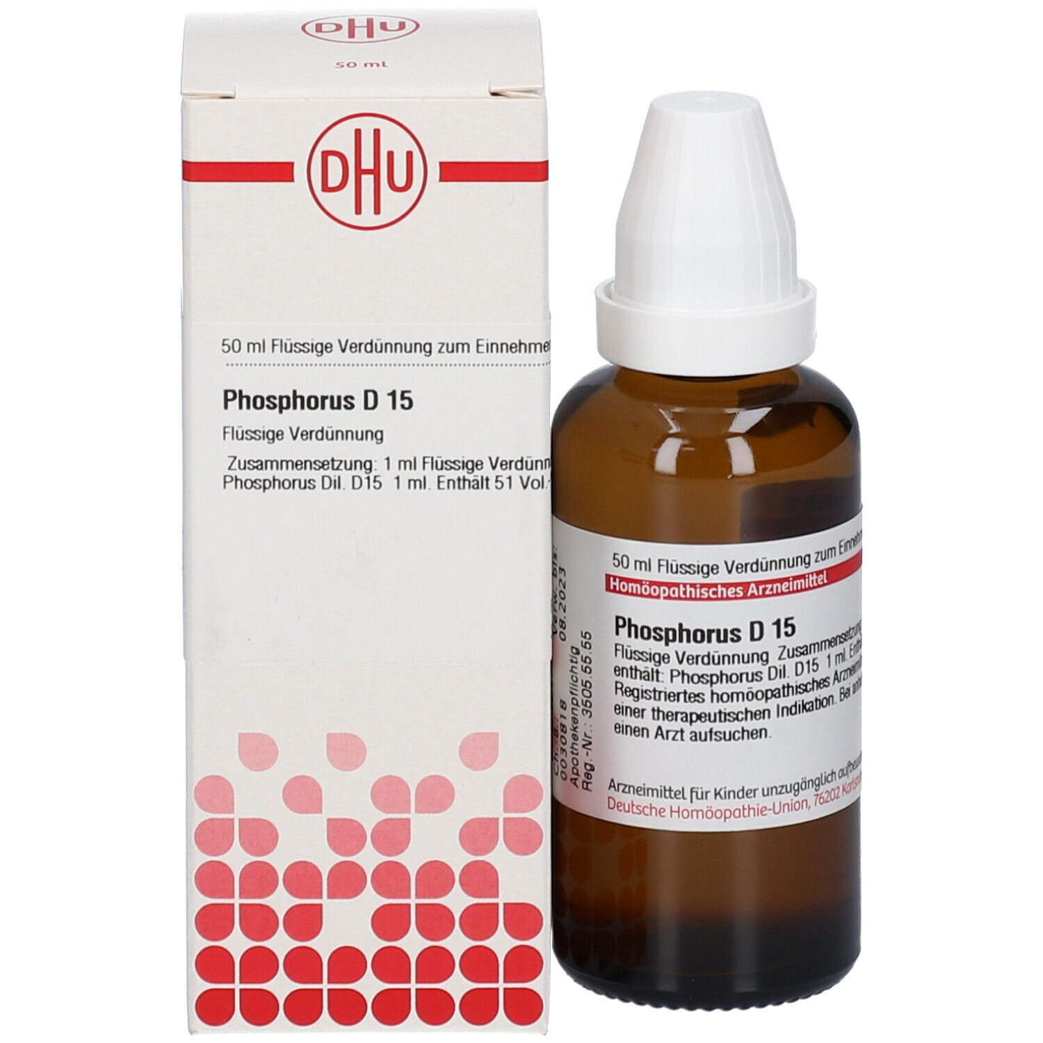 Braune Glasflasche mit weißem Verschluss und Karton. Beschriftung: DHU, Phosphorus D15, 50 ml flüssige Verdünnung.