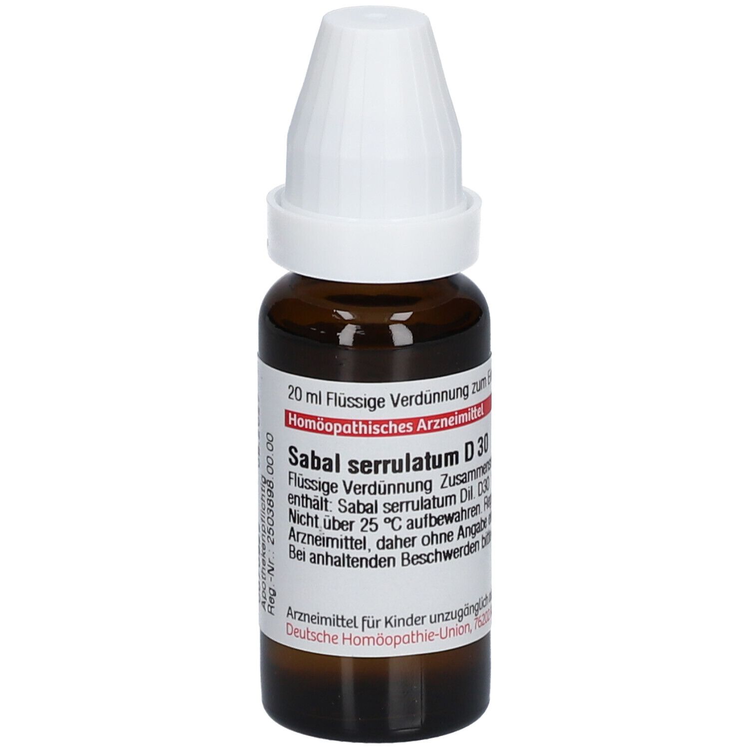 Braune Glasflasche mit weißem Verschluss. Beschriftung: Sabal serrulatum D30, 20 ml Flüssige Verdünnung.