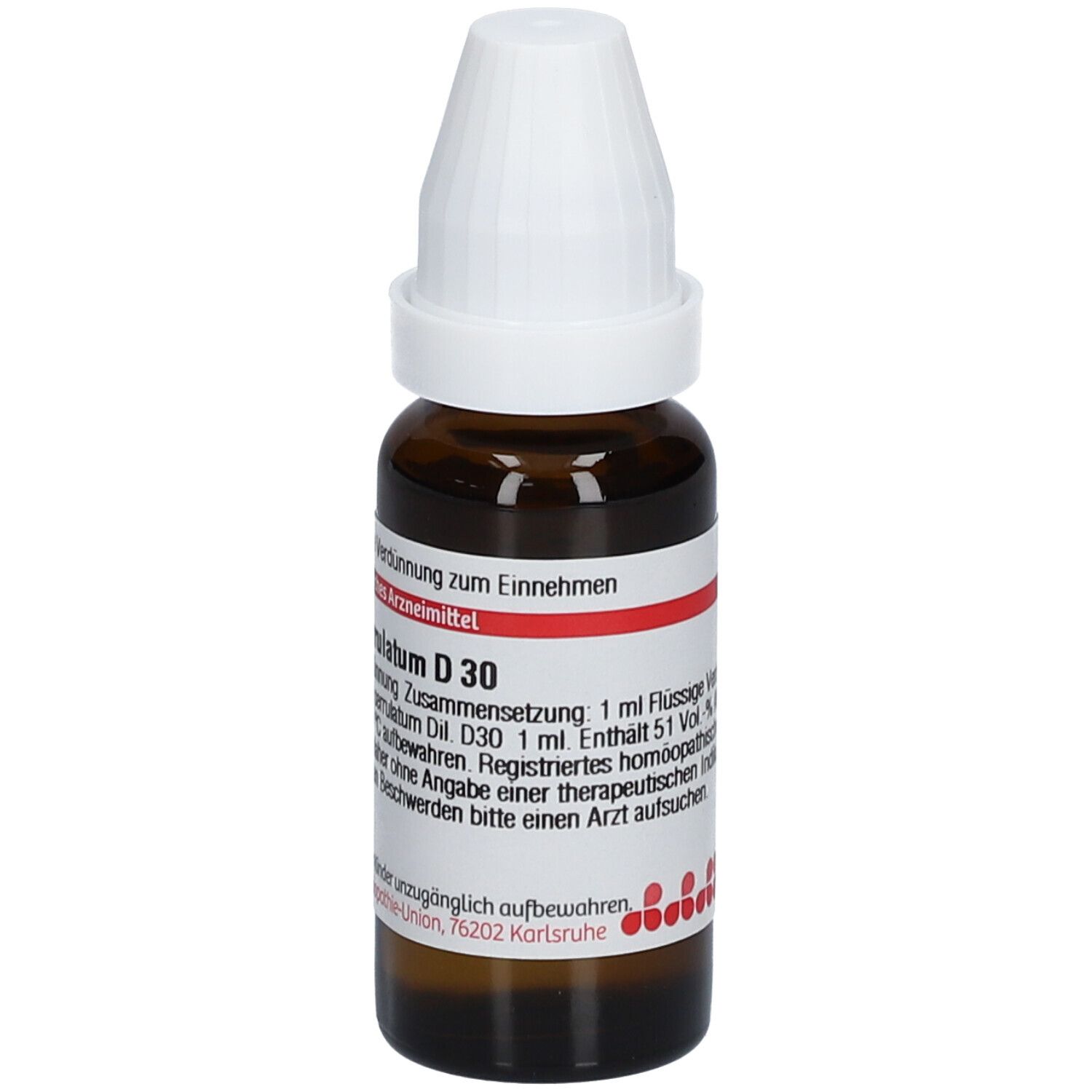 Braune Glasflasche mit weißem Verschluss. Beschriftung: Sabal serrulatum D30, 20 ml Flüssige Verdünnung.