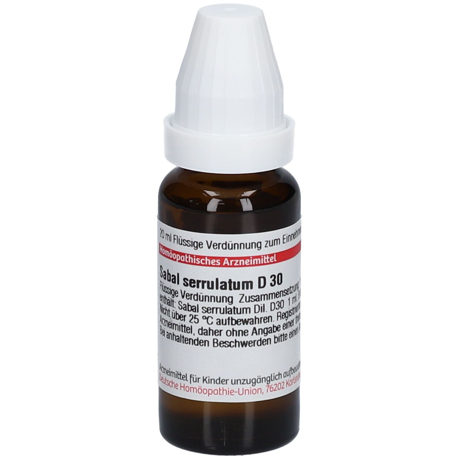 Braune Glasflasche mit weißem Verschluss. Beschriftung: Sabal serrulatum D30, 20 ml Flüssige Verdünnung.