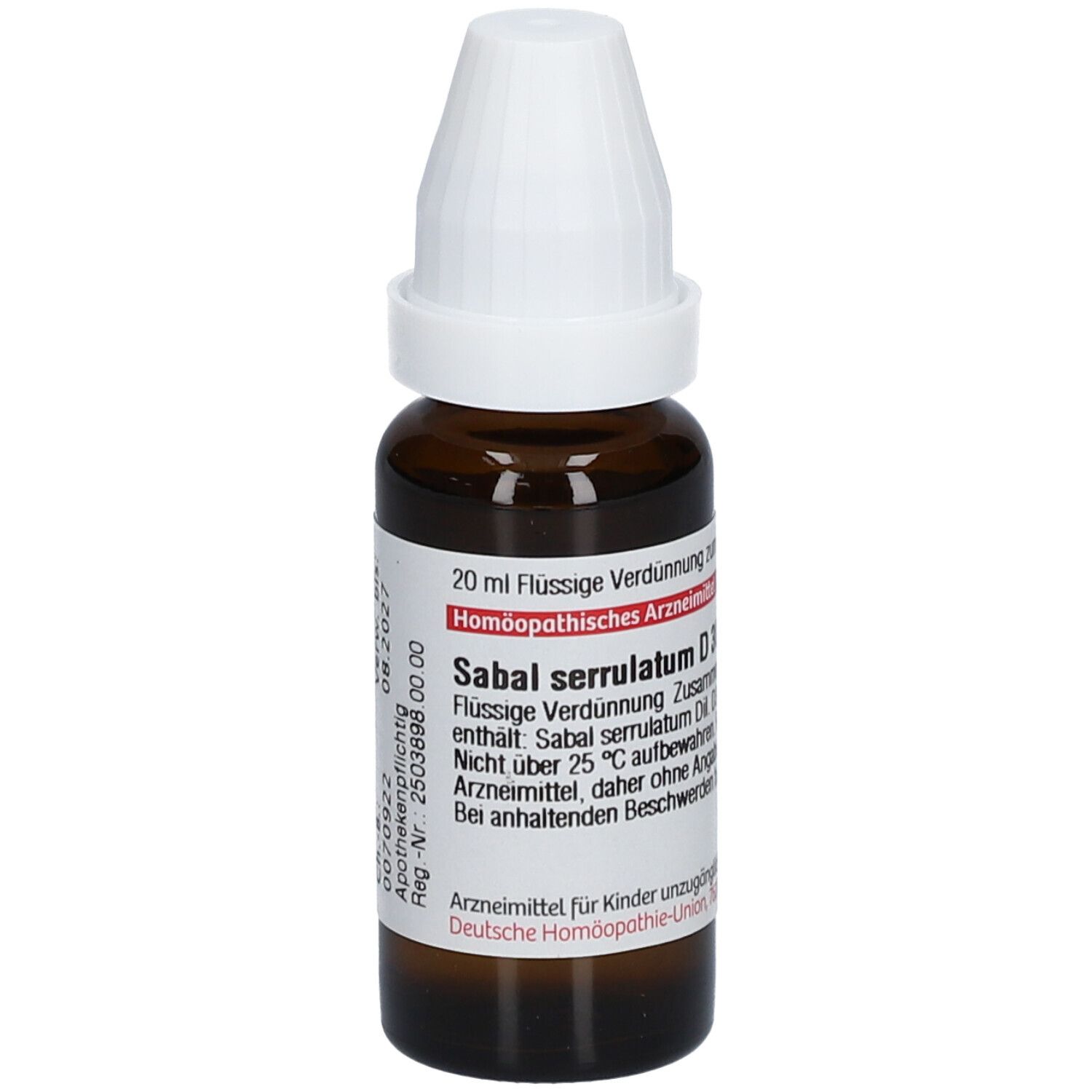 Braune Glasflasche mit weißem Verschluss. Beschriftung: Sabal serrulatum D30, 20 ml Flüssige Verdünnung.