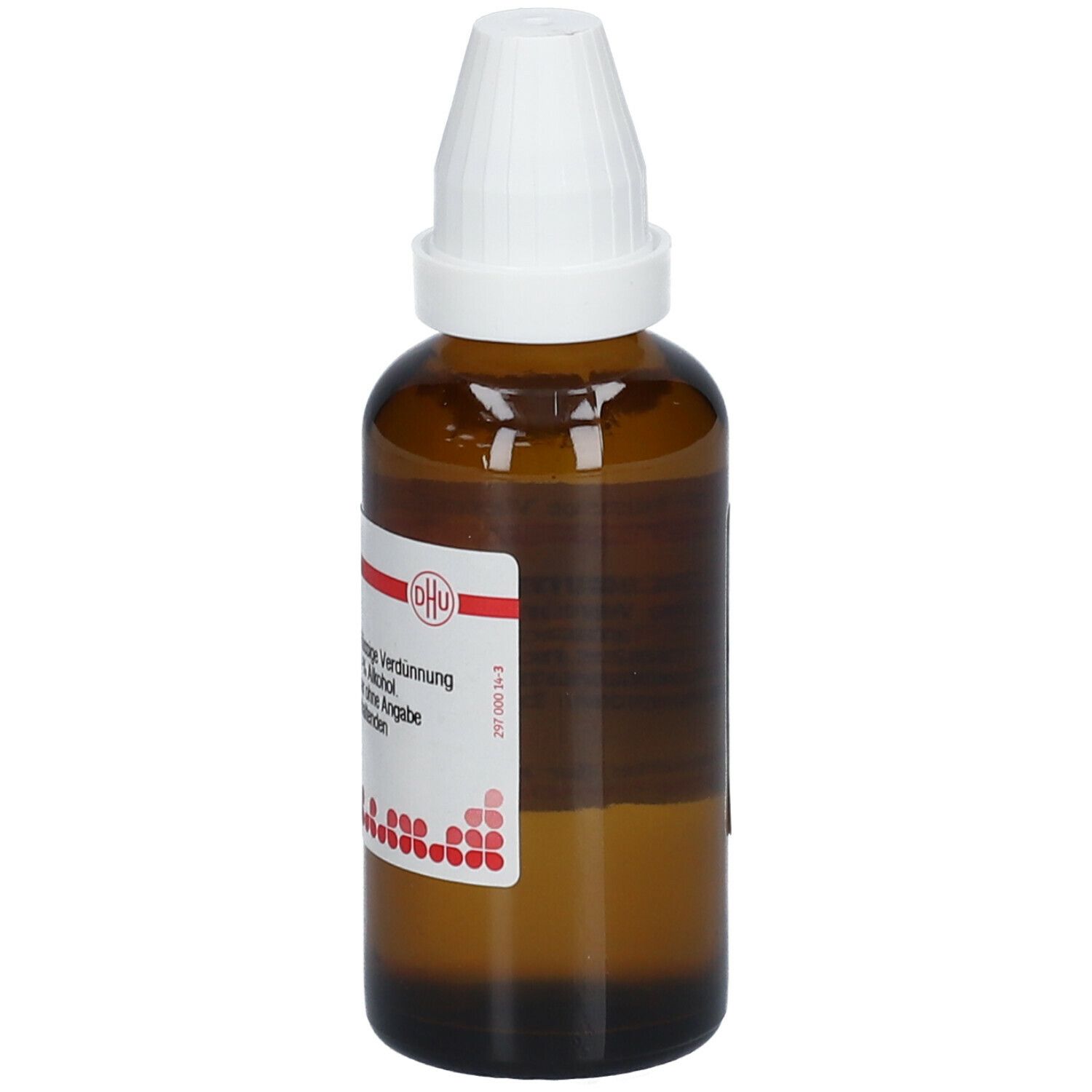 Braune Glasflasche mit weißem Verschluss. Etikett mit DHU-Logo und Produktinformationen. Aufschrift: Flüssige Verdünnung.