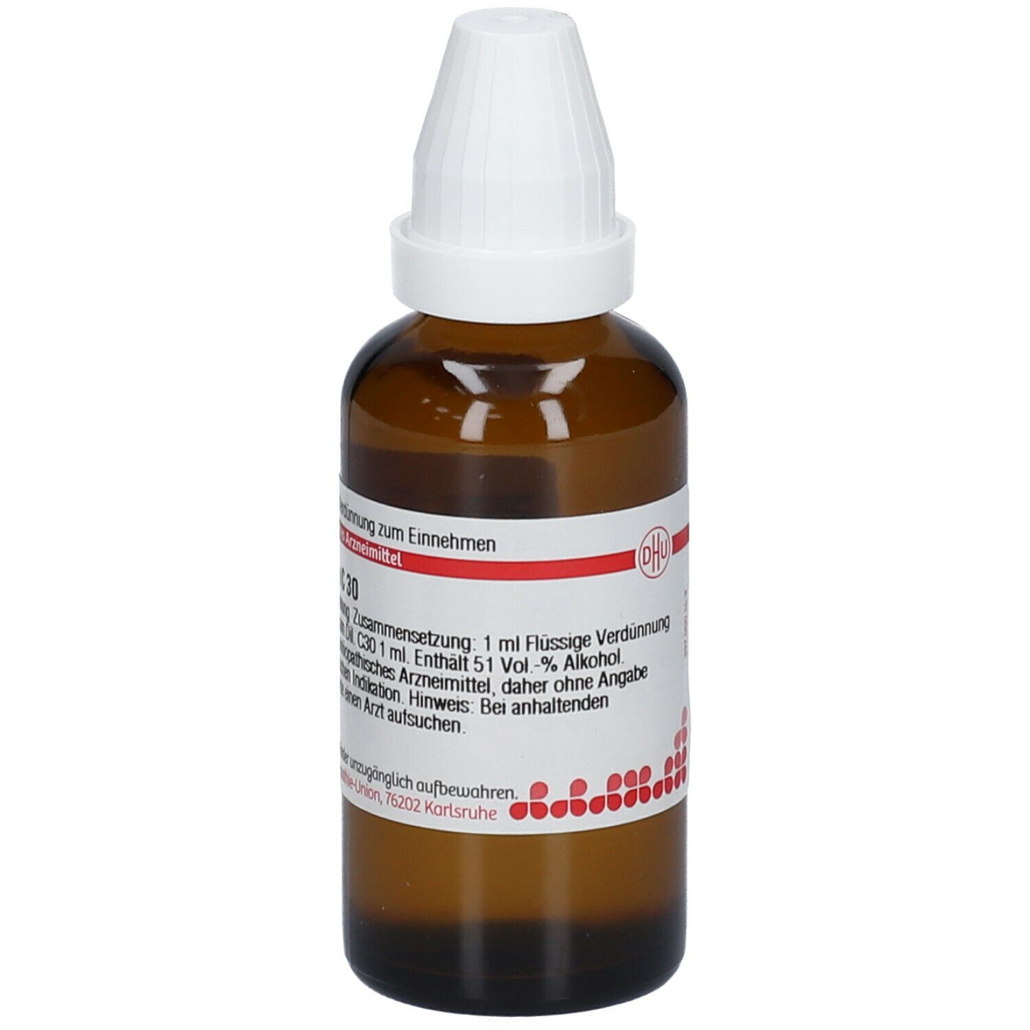 Braune Glasflasche mit weißem Verschluss. Etikett mit Produktinformationen. Aufschrift: Taraxacum C 30. Homöopathisches Arzneimittel.