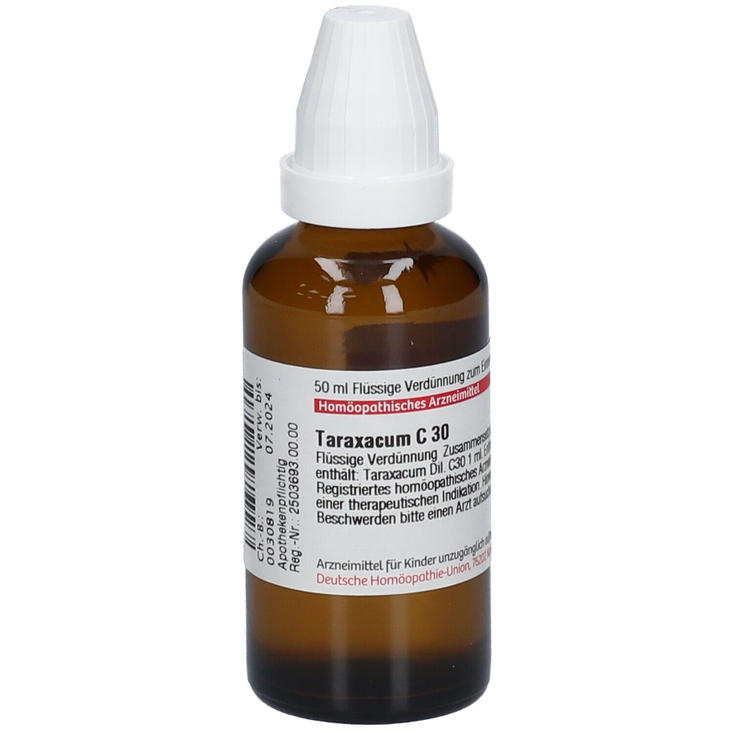 Braune Glasflasche mit weißem Verschluss. Etikett mit Produktinformationen. Aufschrift: Taraxacum C 30. Homöopathisches Arzneimittel.