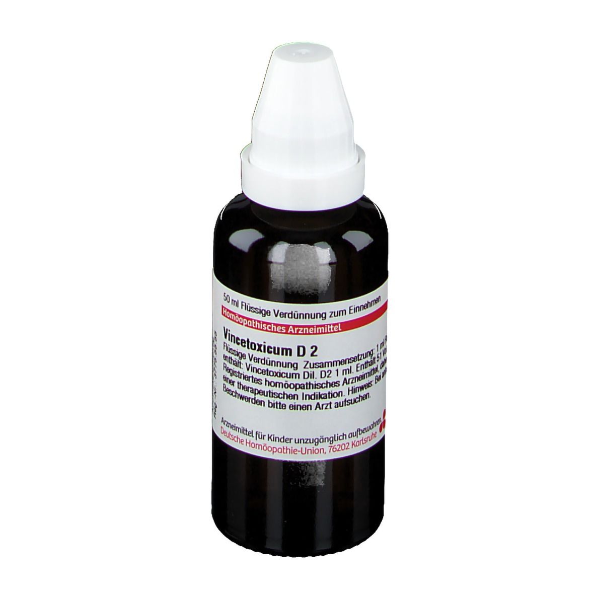Braune Glasflasche mit weißem Verschluss. Rotes Etikett mit Text: Vincetoxicum D2. Arzneimittel.
