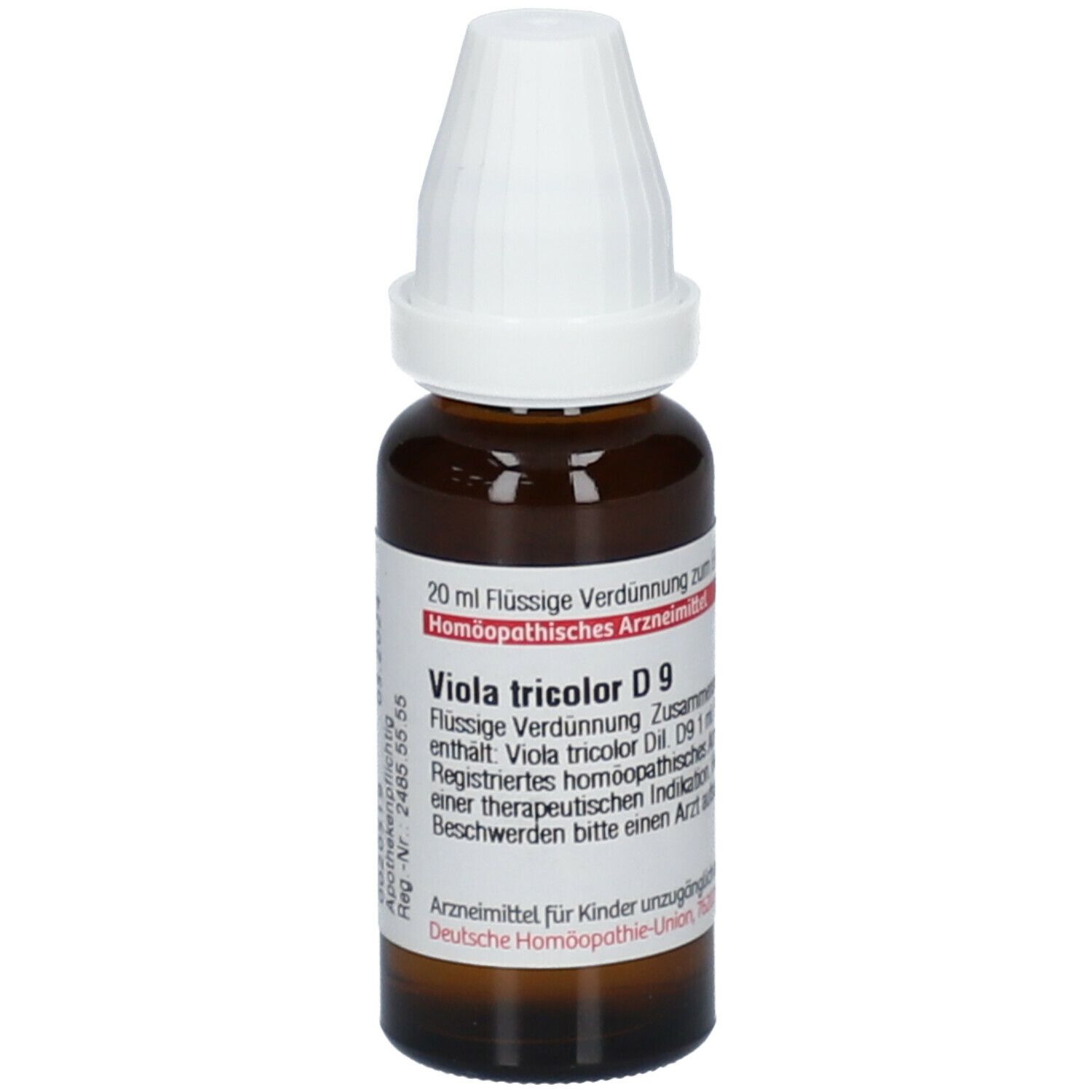 Braune Glasflasche mit weißem Verschluss. Etikett mit Text: Viola tricolor D9. Homöopathisches Arzneimittel.