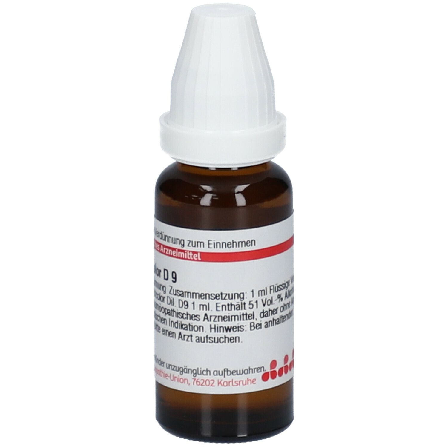 Braune Glasflasche mit weißem Verschluss. Etikett mit Text: Viola tricolor D9. Homöopathisches Arzneimittel. Zum Einnehmen.