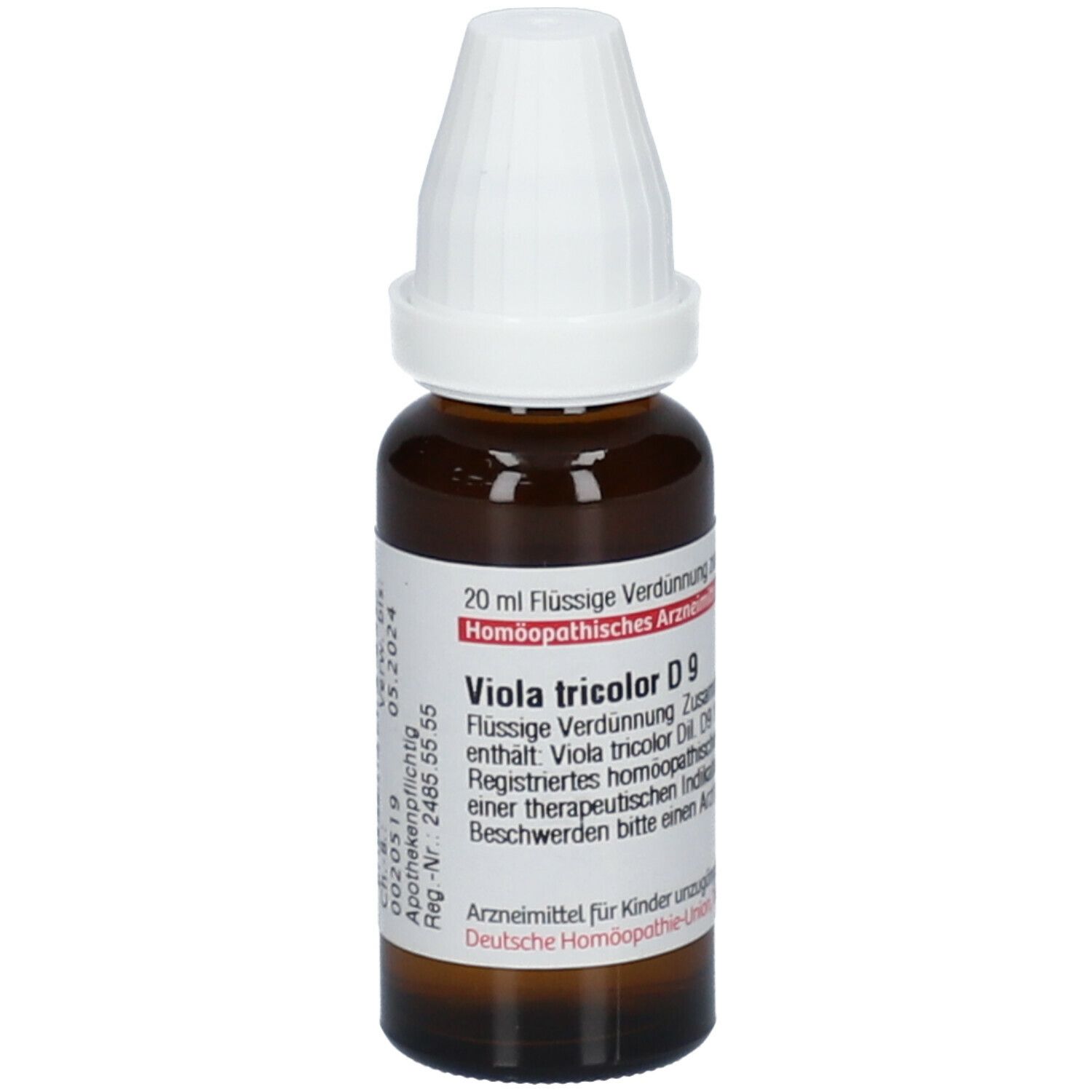 Braune Glasflasche mit weißem Verschluss. Etikett mit Text: Viola tricolor D9. Verfallsdatum: 05.2024. Apothekenpflichtig.